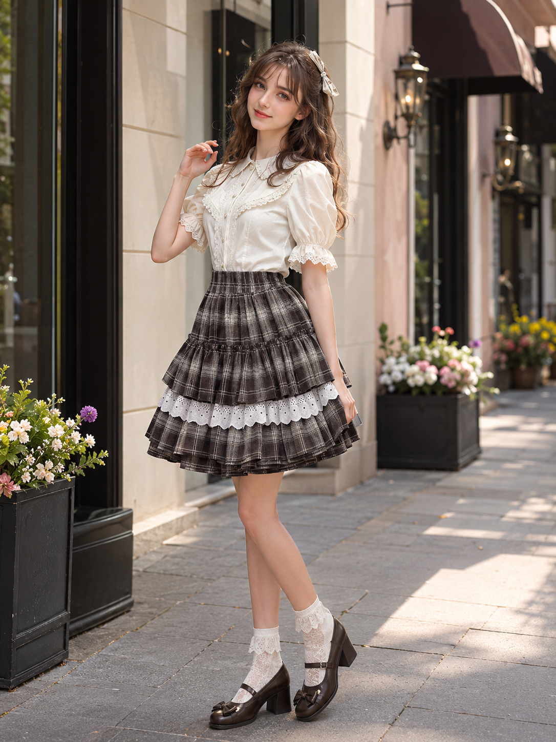 Brown Plaid Lace Trim Lolita Mini Skirt | Trim And Texture Close-Up | Aurora Lolita Brown Plaid Lace Trim Lolita Mini Skirt - trim and texture close-up for brown plaid classic daily Lolita outfit