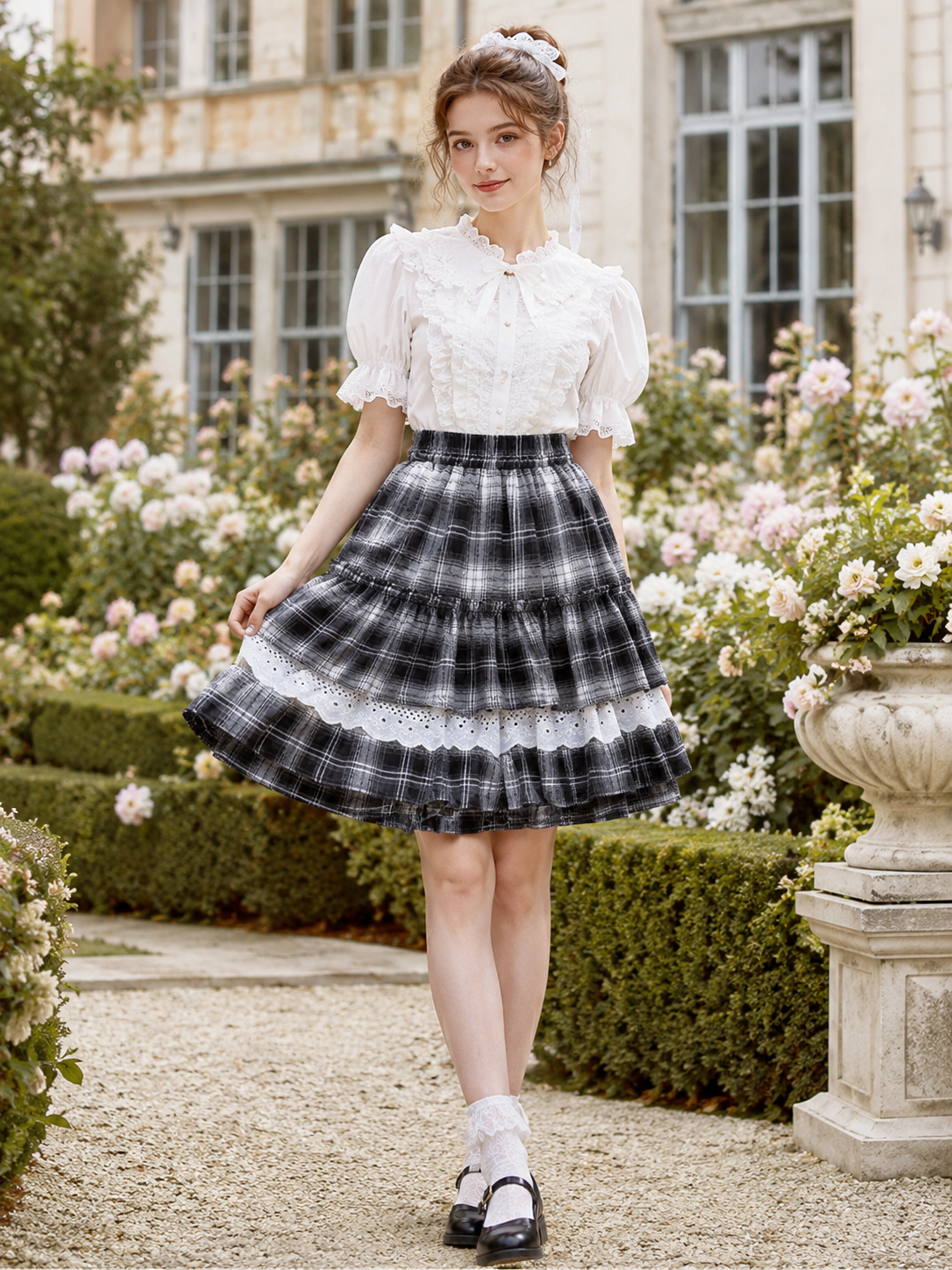 Black Plaid Lace Trim Lolita Mini Skirt - main product view for black plaid gothic daily Lolita outfit