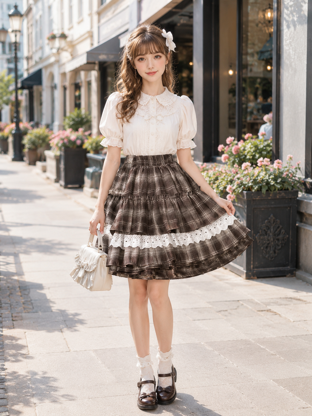 Black Plaid Lace Trim Lolita Mini Skirt | Model Styling View | Aurora Lolita Black Plaid Lace Trim Lolita Mini Skirt - model styling view for black plaid gothic daily Lolita outfit
