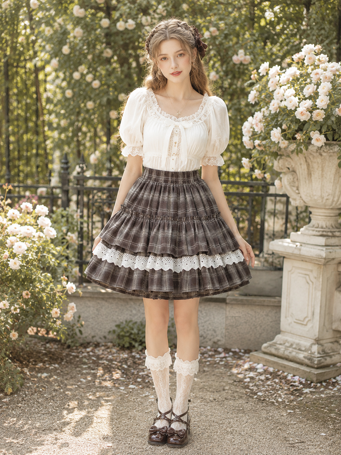 Black Plaid Lace Trim Lolita Mini Skirt | Side Or Worn Angle | Aurora Lolita Black Plaid Lace Trim Lolita Mini Skirt - side or worn angle for black plaid gothic daily Lolita outfit