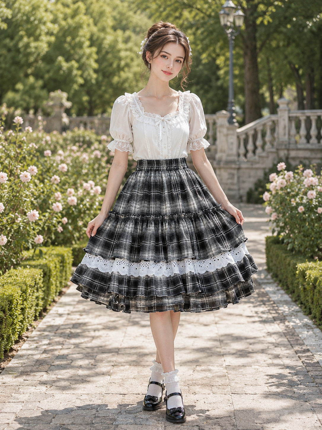 Black Plaid Lace Trim Lolita Mini Skirt | Front Detail View | Aurora Lolita Black Plaid Lace Trim Lolita Mini Skirt - front detail view for black plaid gothic daily Lolita outfit
