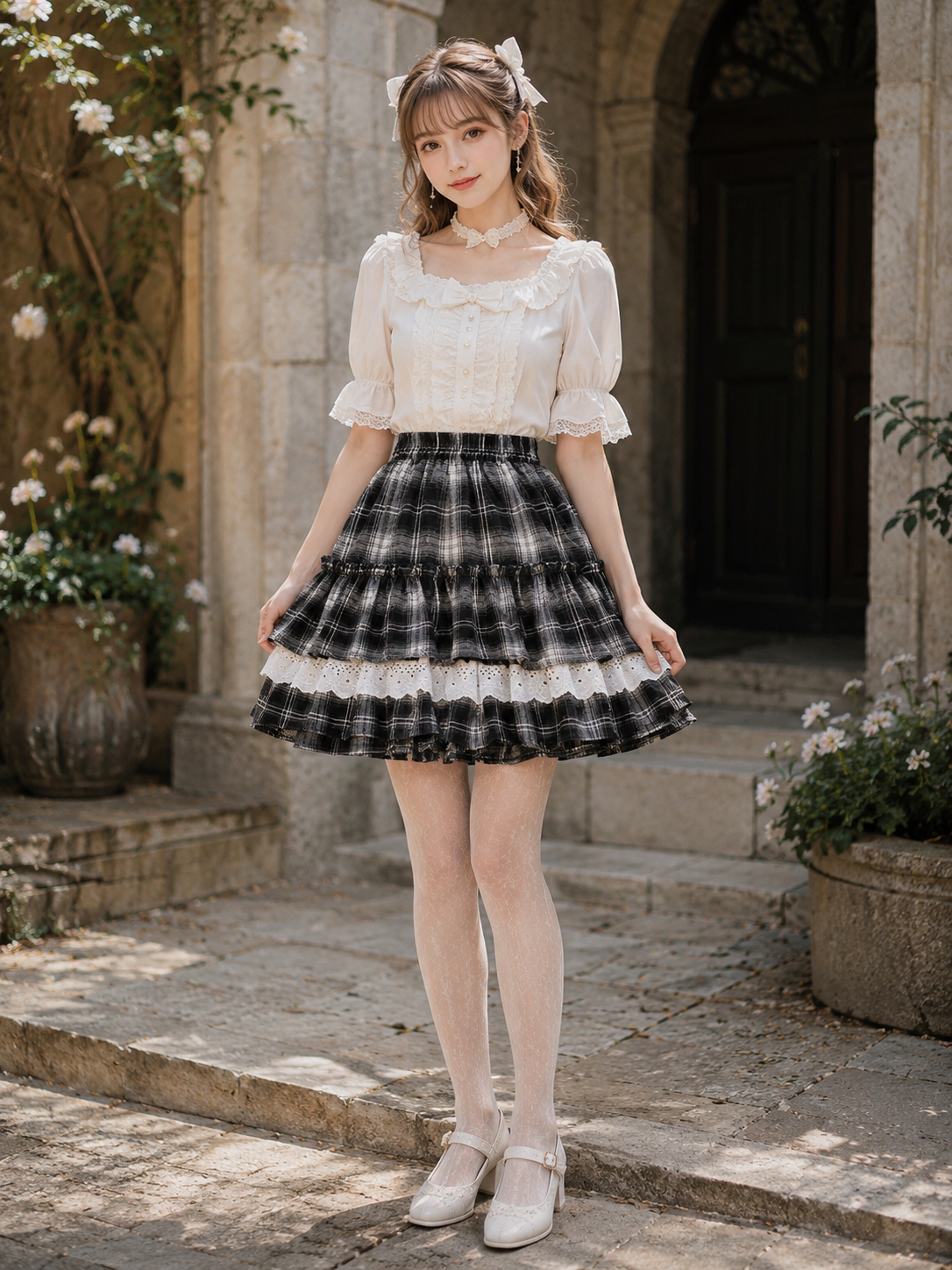 Black Plaid Lace Trim Lolita Mini Skirt | Trim And Texture Close-Up | Aurora Lolita Black Plaid Lace Trim Lolita Mini Skirt - trim and texture close-up for black plaid gothic daily Lolita outfit