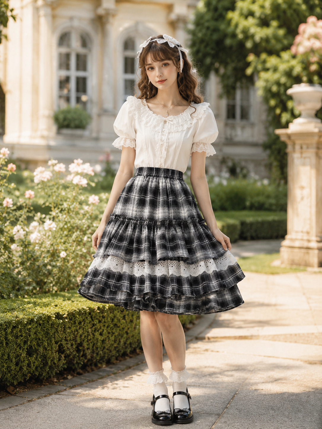 Black Plaid Lace Trim Lolita Mini Skirt | Back Or Silhouette View | Aurora Lolita Black Plaid Lace Trim Lolita Mini Skirt - back or silhouette view for black plaid gothic daily Lolita outfit