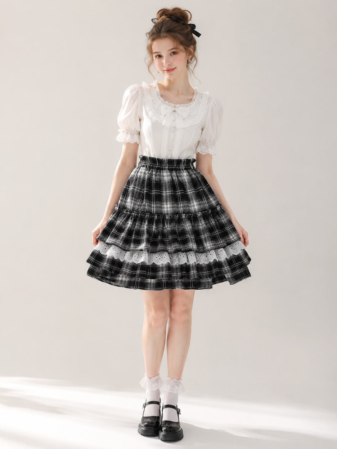 Black Plaid Lace Trim Lolita Mini Skirt | Coord Lifestyle View | Aurora Lolita Black Plaid Lace Trim Lolita Mini Skirt - coord lifestyle view for black plaid gothic daily Lolita outfit