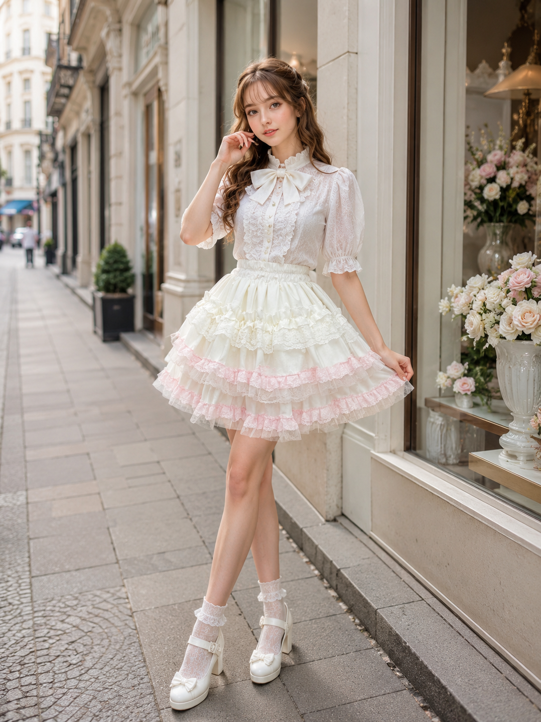 Pink Sweet Lolita Cake Pettiskirt - front detail view for pink sweet cake skirt Lolita outfit