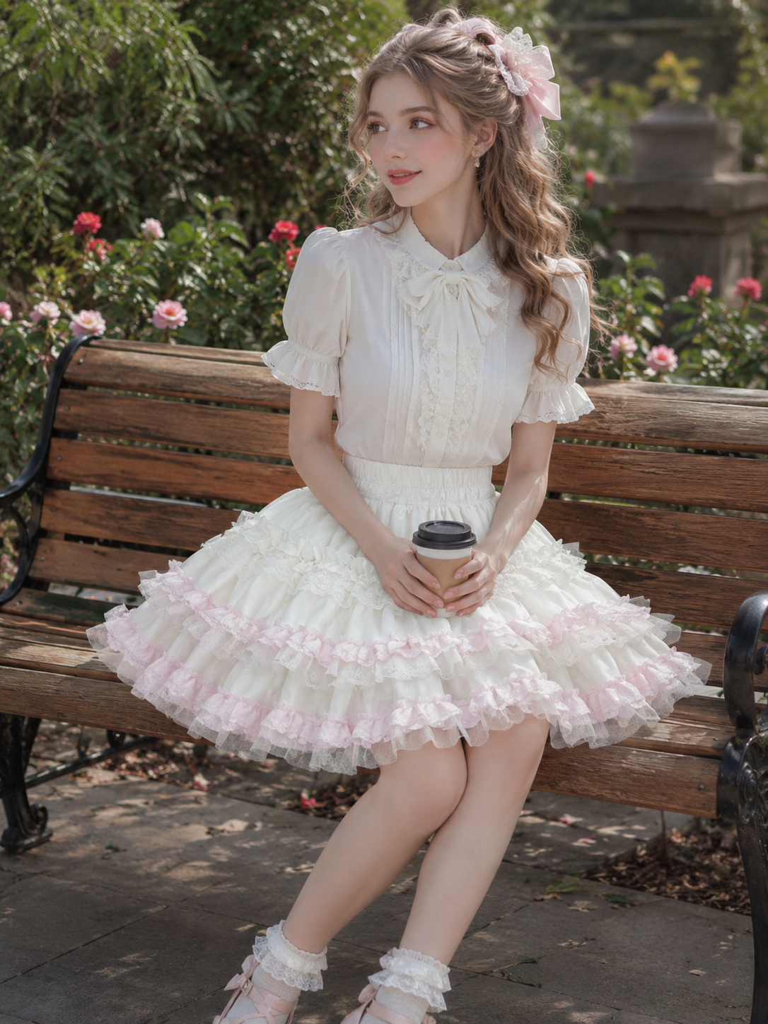Pink Sweet Lolita Cake Pettiskirt | Coord Lifestyle View | Aurora Lolita Pink Sweet Lolita Cake Pettiskirt - coord lifestyle view for pink sweet cake skirt Lolita outfit