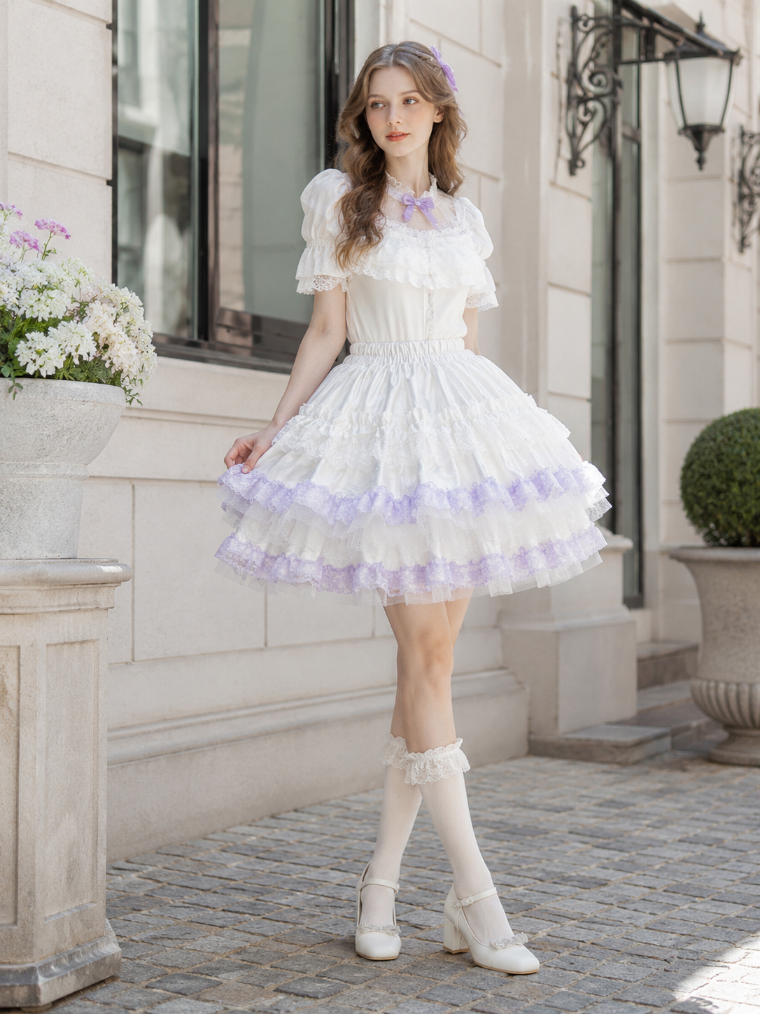 Purple Sweet Lolita Cake Pettiskirt | Model Styling View | Aurora Lolita Purple Sweet Lolita Cake Pettiskirt - model styling view for purple sweet cake skirt Lolita outfit