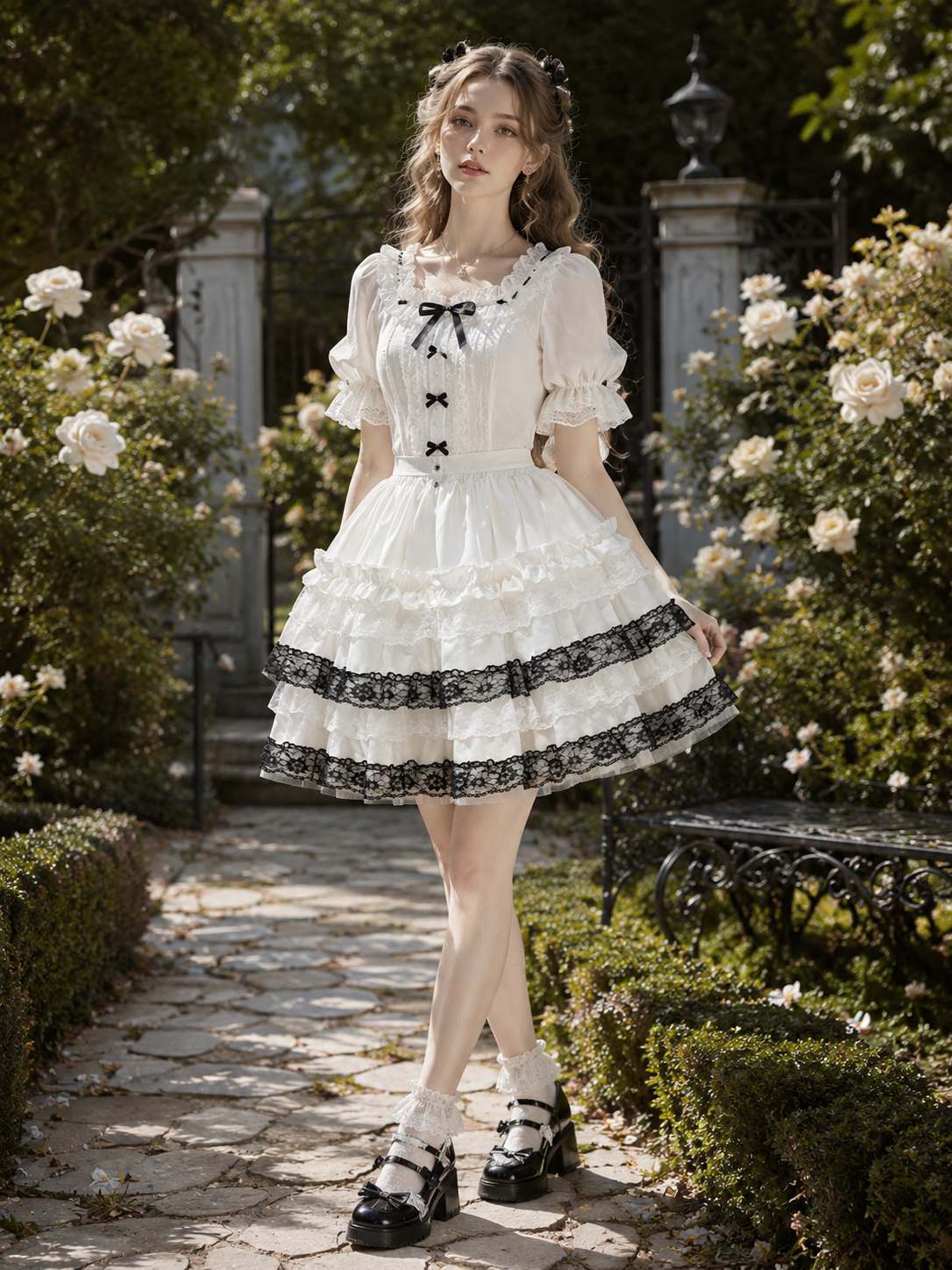 Black Sweet Lolita Cake Pettiskirt | Model Styling View | Aurora Lolita Black Sweet Lolita Cake Pettiskirt - model styling view for black sweet cake skirt Lolita outfit