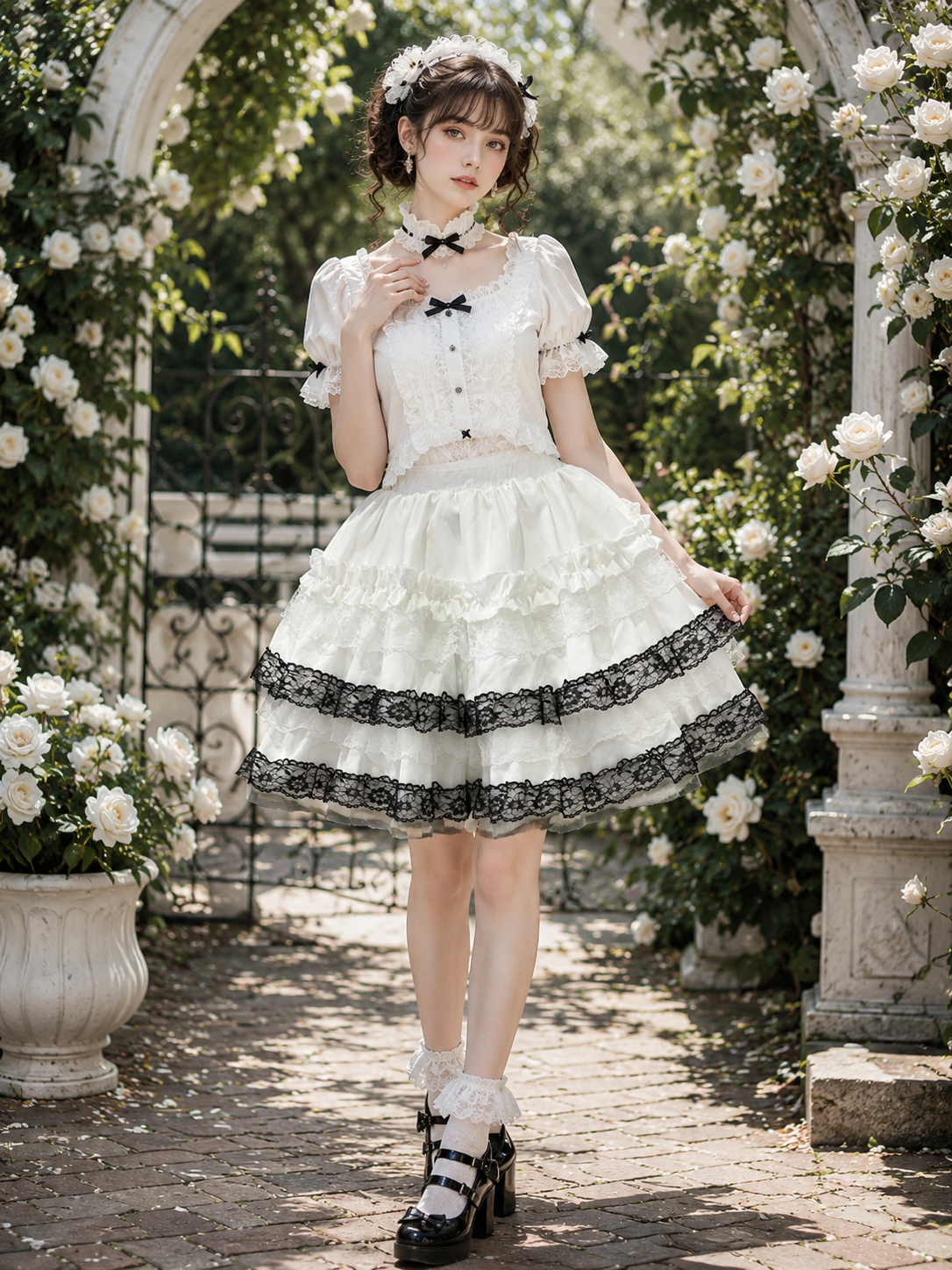 Black Sweet Lolita Cake Pettiskirt | Coord Lifestyle View | Aurora Lolita Black Sweet Lolita Cake Pettiskirt - coord lifestyle view for black sweet cake skirt Lolita outfit