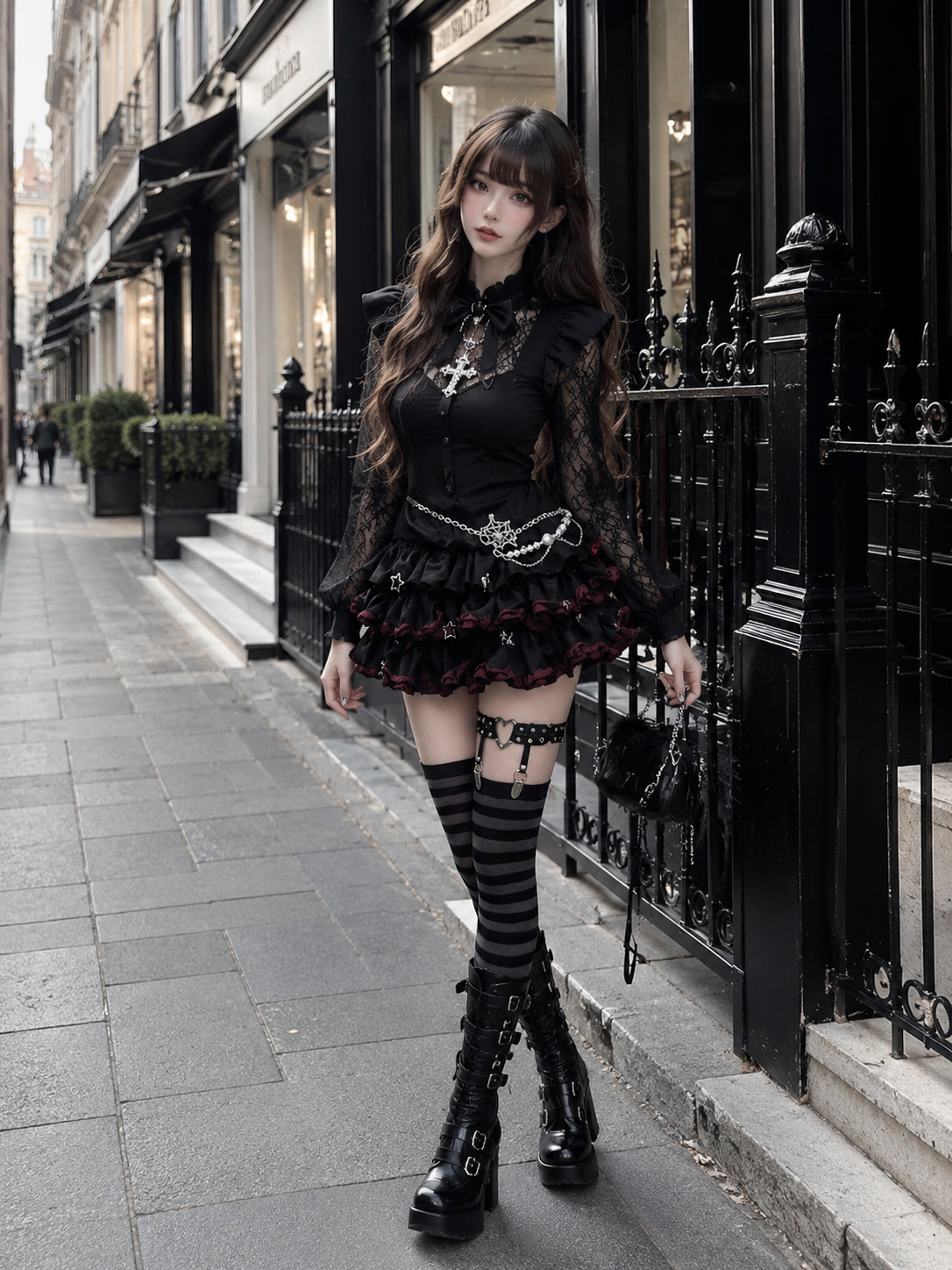 Black Shibuya Punk Gothic Lolita Mini Skirt - model styling view for black shibuya punk gothic Lolita outfit