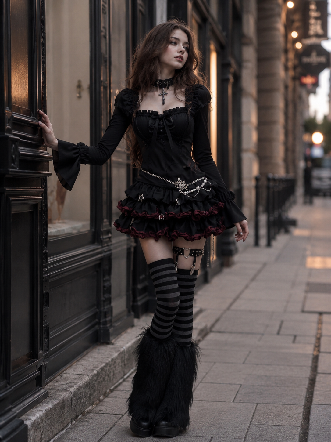 Black Shibuya Punk Gothic Lolita Mini Skirt | Trim And Texture Close-Up | Aurora Lolita Black Shibuya Punk Gothic Lolita Mini Skirt - trim and texture close-up for black shibuya punk gothic Lolita outfit