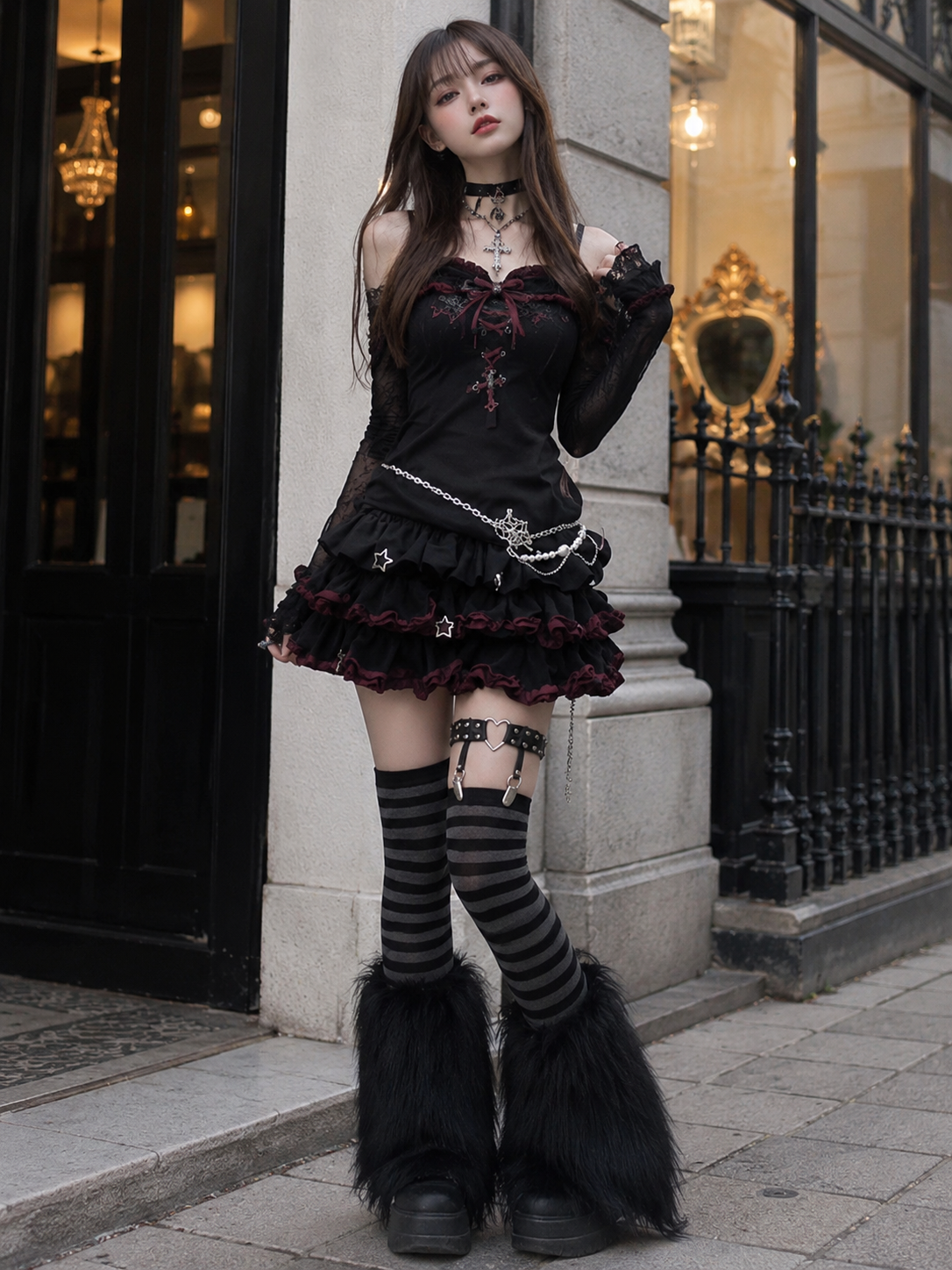 Black Shibuya Punk Gothic Lolita Mini Skirt | Front Detail View | Aurora Lolita Black Shibuya Punk Gothic Lolita Mini Skirt - front detail view for black shibuya punk gothic Lolita outfit