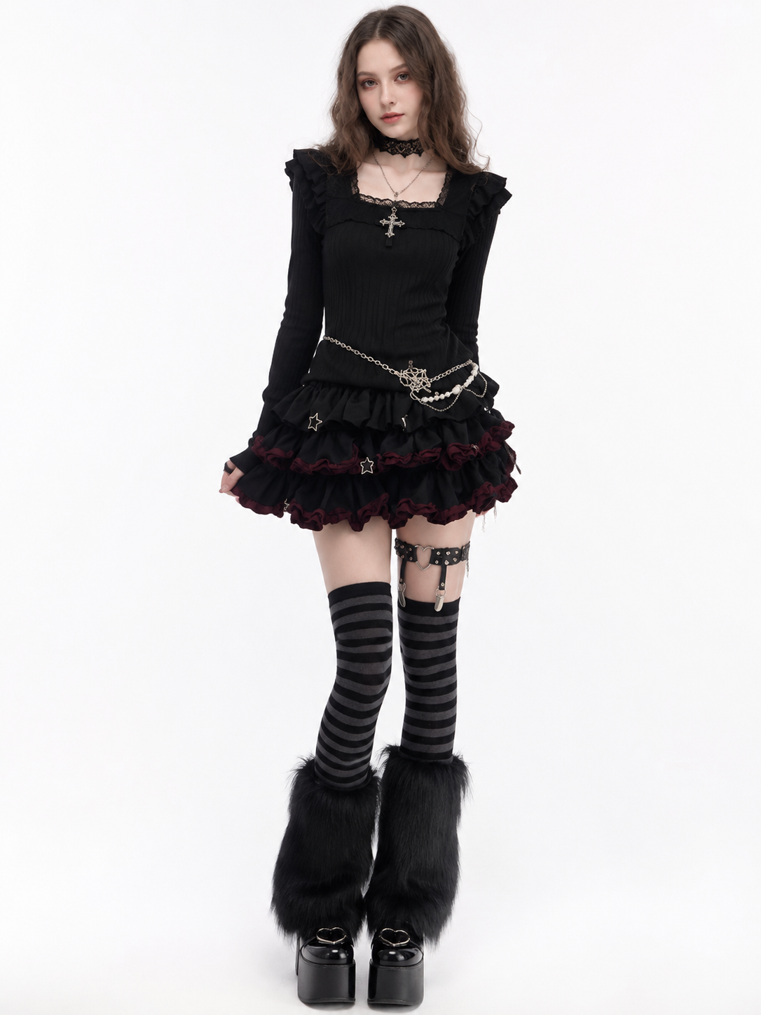 Black Shibuya Punk Gothic Lolita Mini Skirt | Coord Lifestyle View | Aurora Lolita Black Shibuya Punk Gothic Lolita Mini Skirt - coord lifestyle view for black shibuya punk gothic Lolita outfit