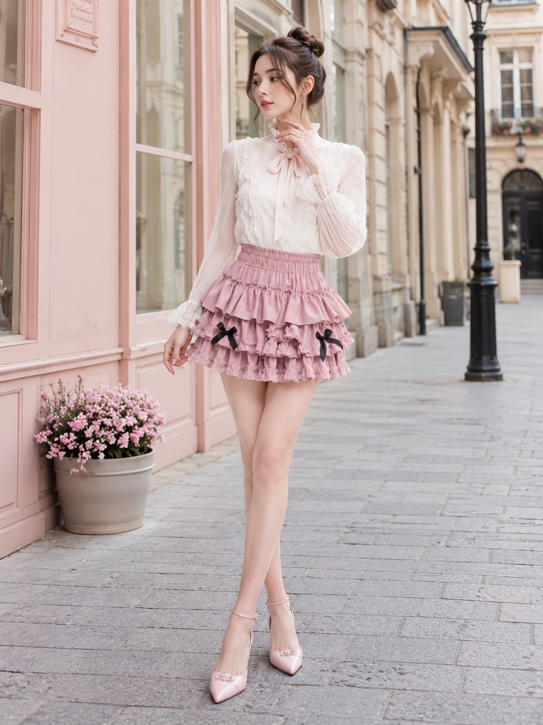Pink Bow Sweet Lolita Cake Mini Skirt | Model Styling View | Aurora Lolita Pink Bow Sweet Lolita Cake Mini Skirt - model styling view for pink sweet bow cake skirt Lolita outfit