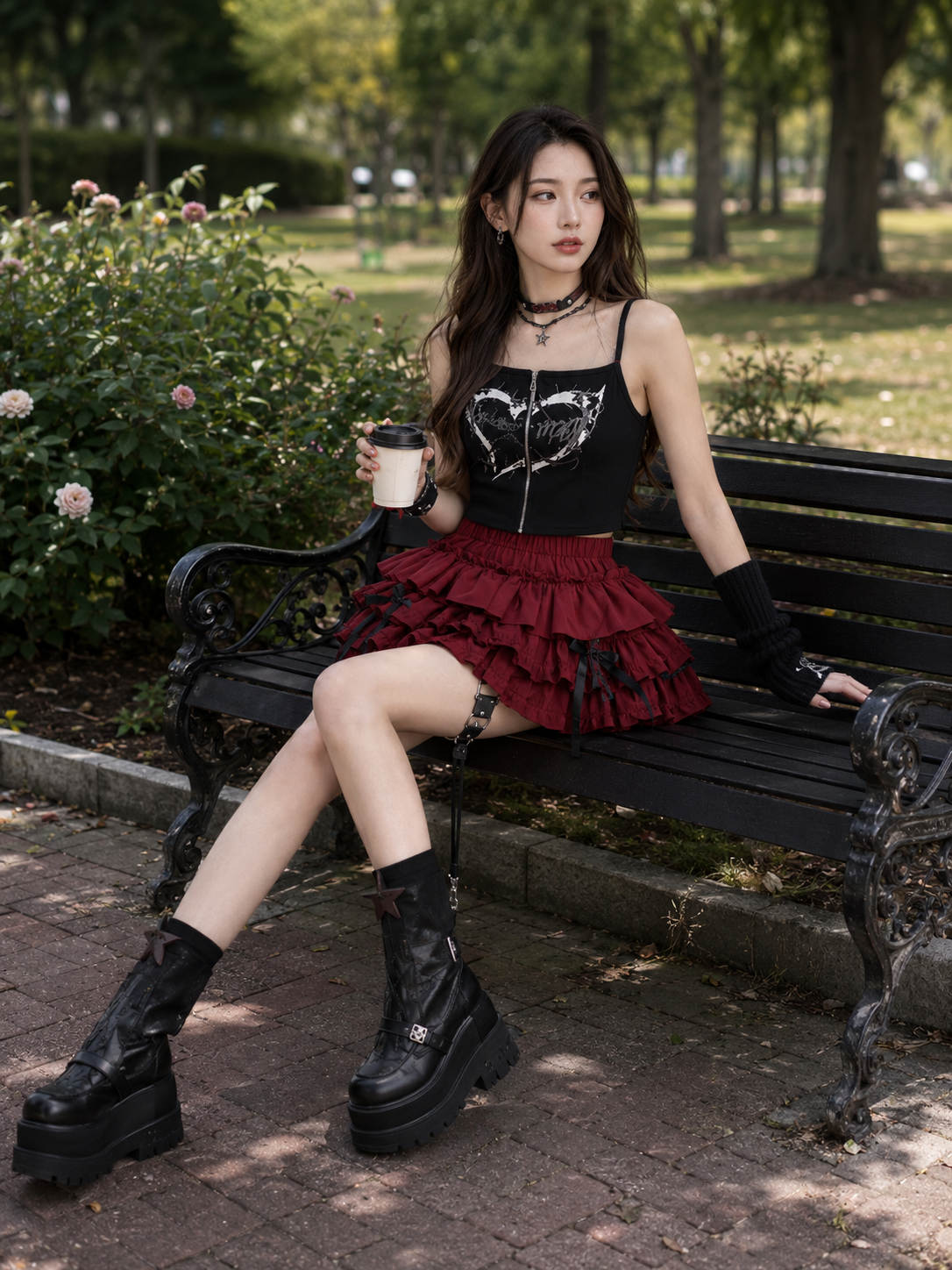 Red Bow Sweet Lolita Cake Mini Skirt | Model Styling View | Aurora Lolita Red Bow Sweet Lolita Cake Mini Skirt - model styling view for red sweet bow cake skirt Lolita outfit