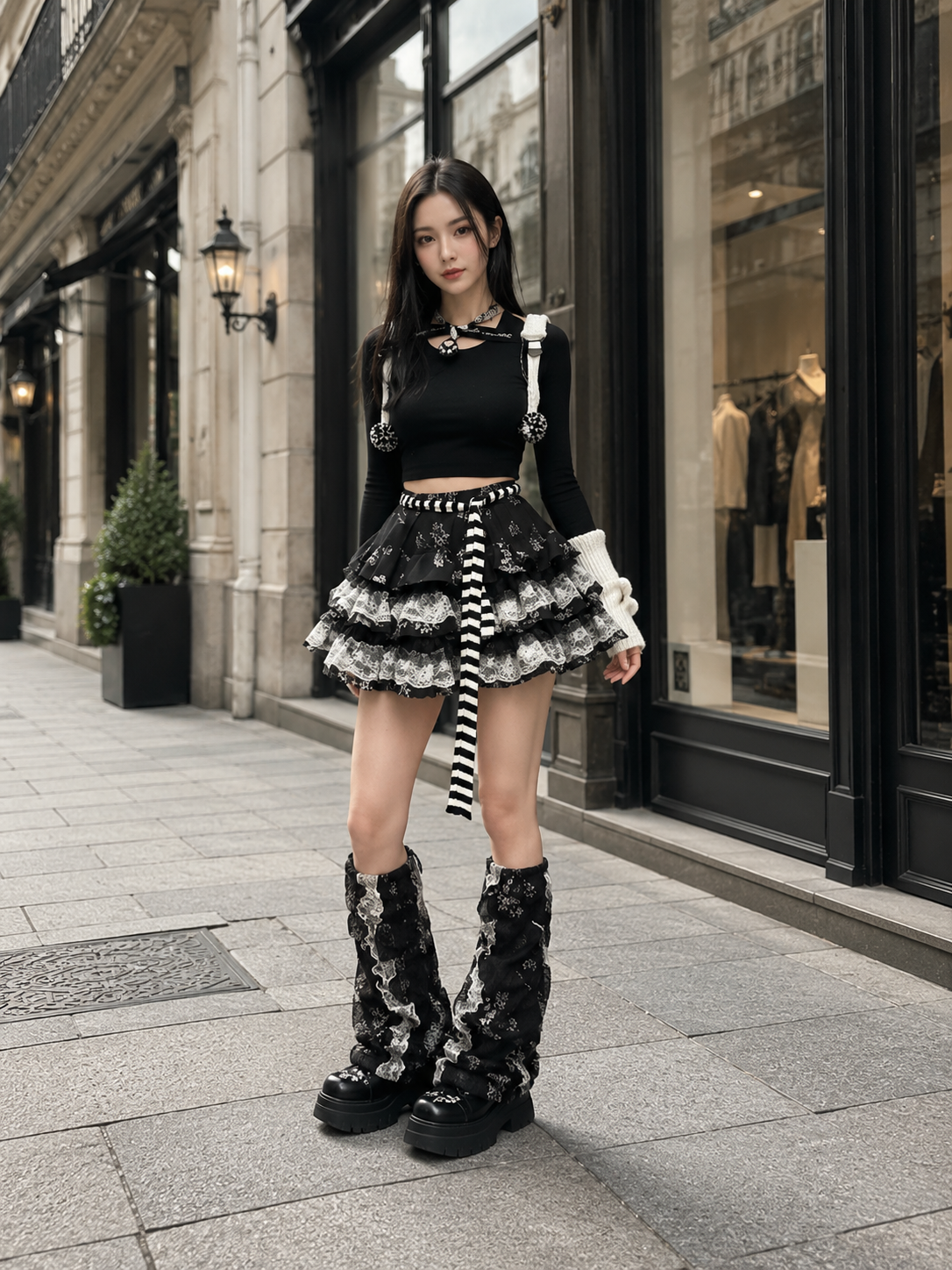 Black Harajuku Y2K Gothic Lace Cake Skirt - model styling view for black harajuku y2k gothic lace Lolita outfit