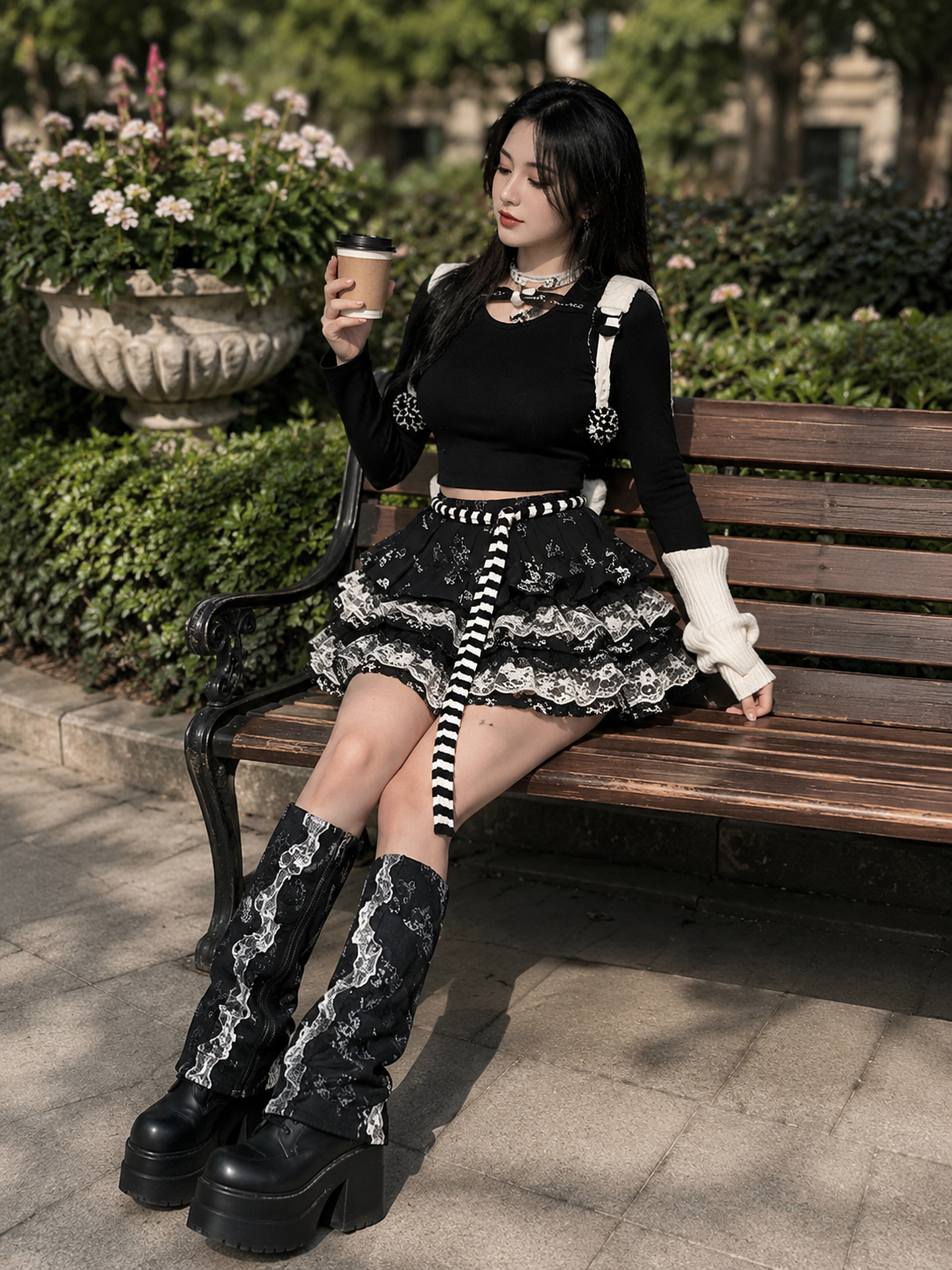 Black Harajuku Y2K Gothic Lace Cake Skirt | Trim And Texture Close-Up | Aurora Lolita Black Harajuku Y2K Gothic Lace Cake Skirt - trim and texture close-up for black harajuku y2k gothic lace Lolita outfit