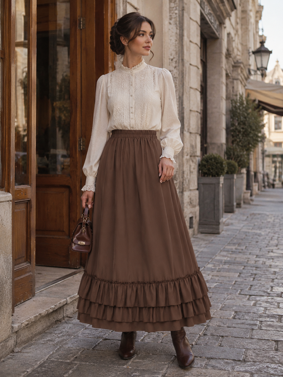 Brown Vintage Ruffle Gothic Lolita Skirt - front detail view for brown vintage gothic ruffle Lolita outfit