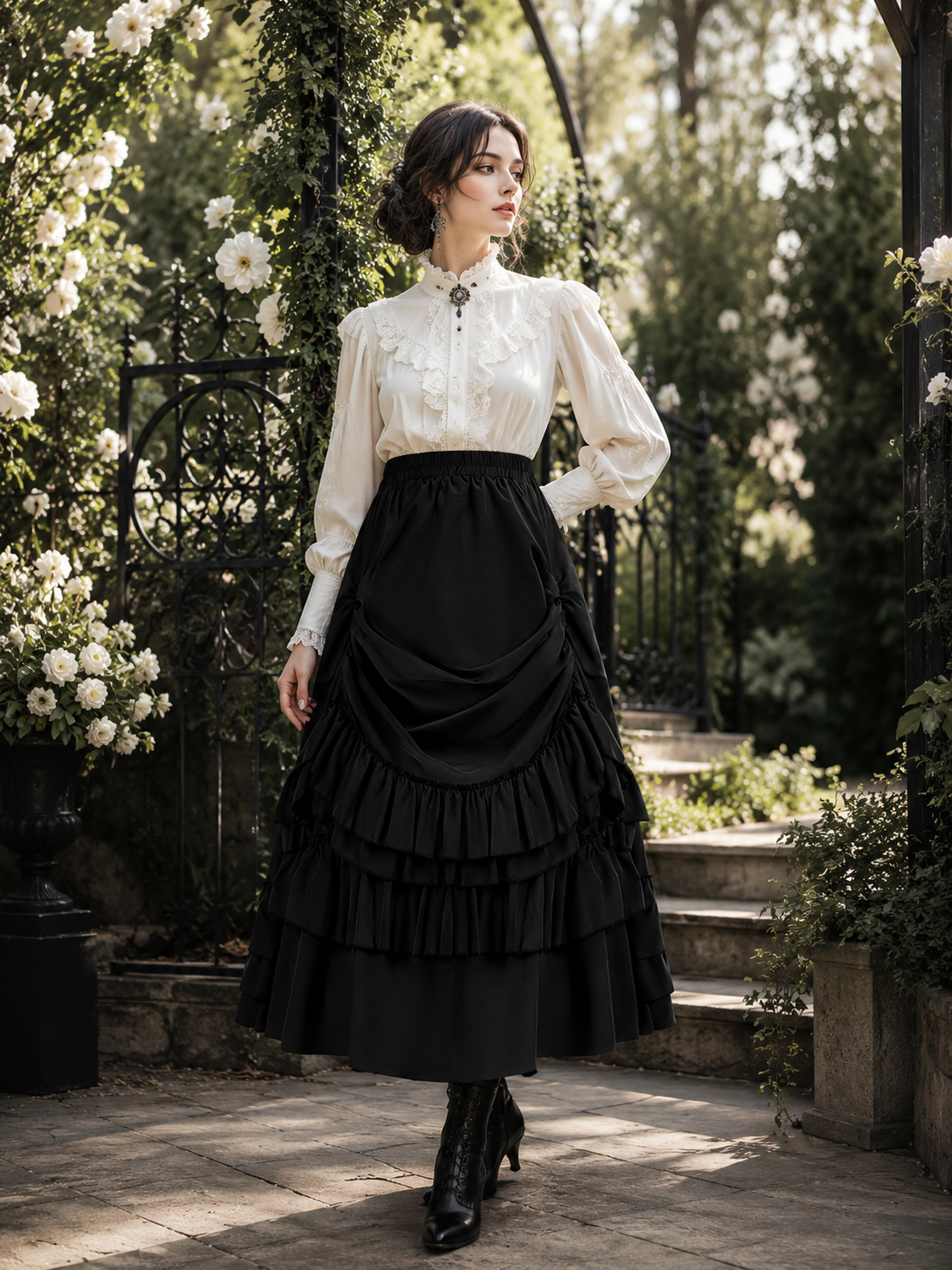 Black Vintage Ruffle Gothic Lolita Skirt - model styling view for black vintage gothic ruffle Lolita outfit