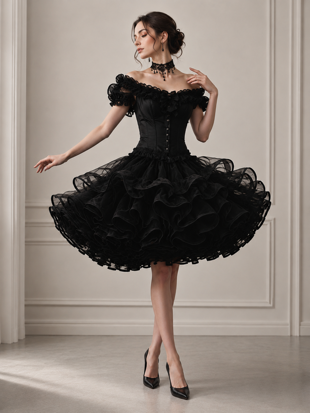 Black Dark Romance Lolita Petticoat | Model Styling View | Aurora Lolita Black Dark Romance Lolita Petticoat - model styling view for black gothic petticoat dark romance Lolita outfit