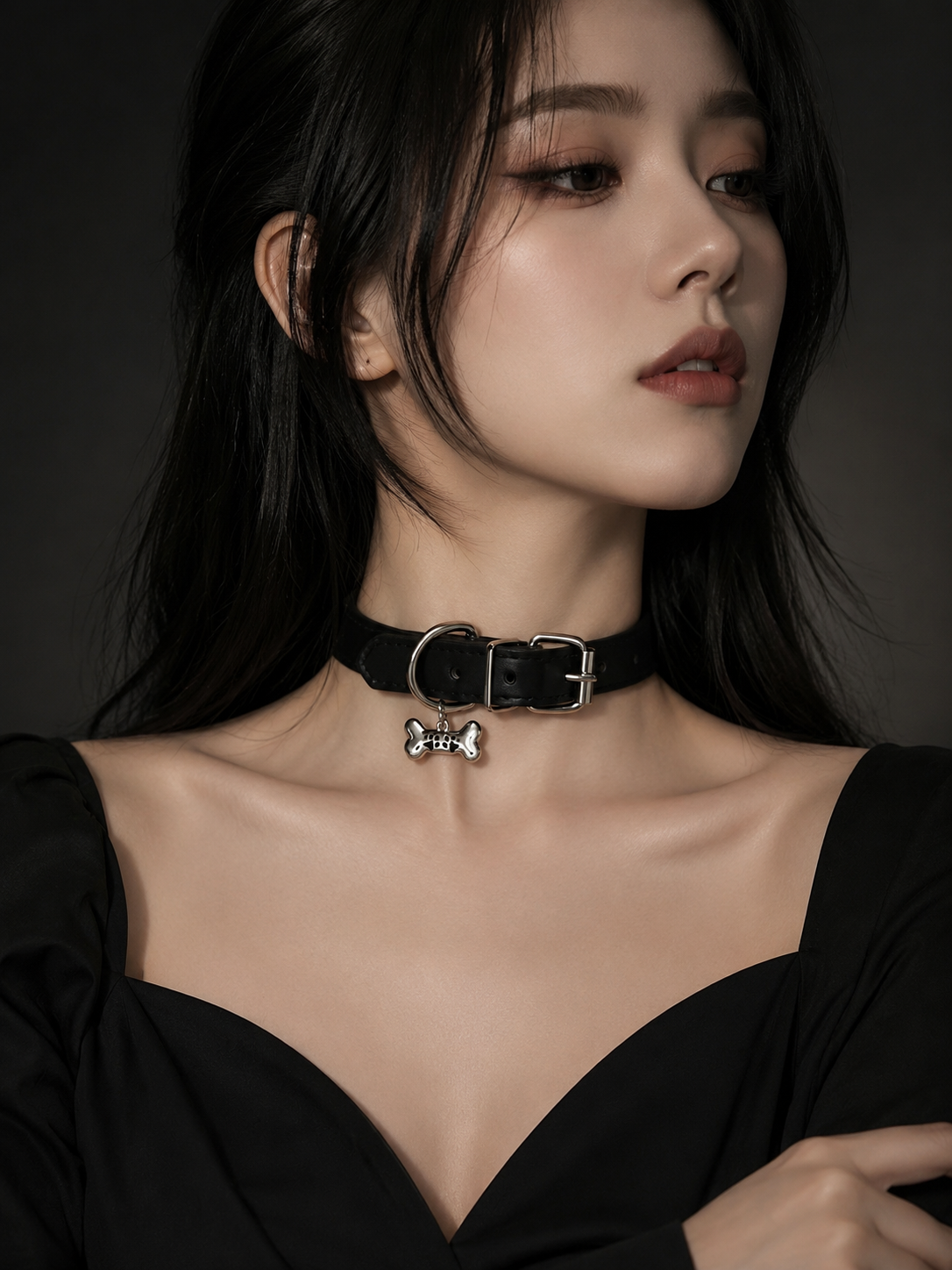Black Velvet Cross Pendant Gothic Lolita Choker | Model Styling View | Aurora Lolita Black Velvet Cross Pendant Gothic Lolita Choker - model styling view for black gothic cross choker Lolita outfit