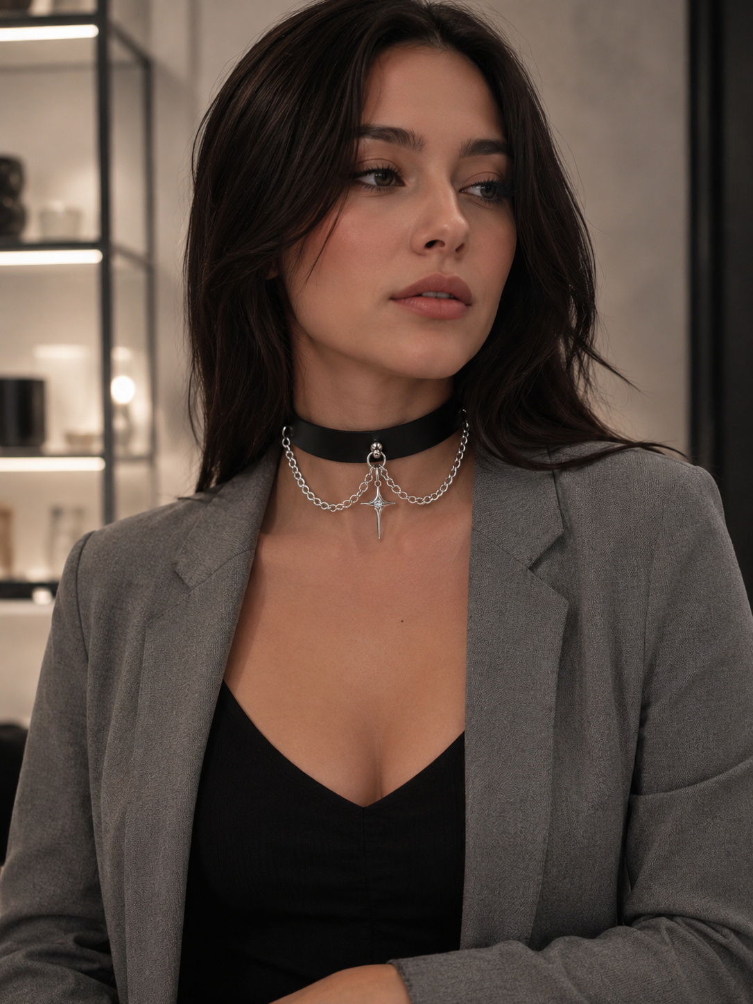 Black Heart Chain Gothic Lolita Choker | Side Or Worn Angle | Aurora Lolita Black Heart Chain Gothic Lolita Choker - side or worn angle for black gothic heart chain choker Lolita outfit