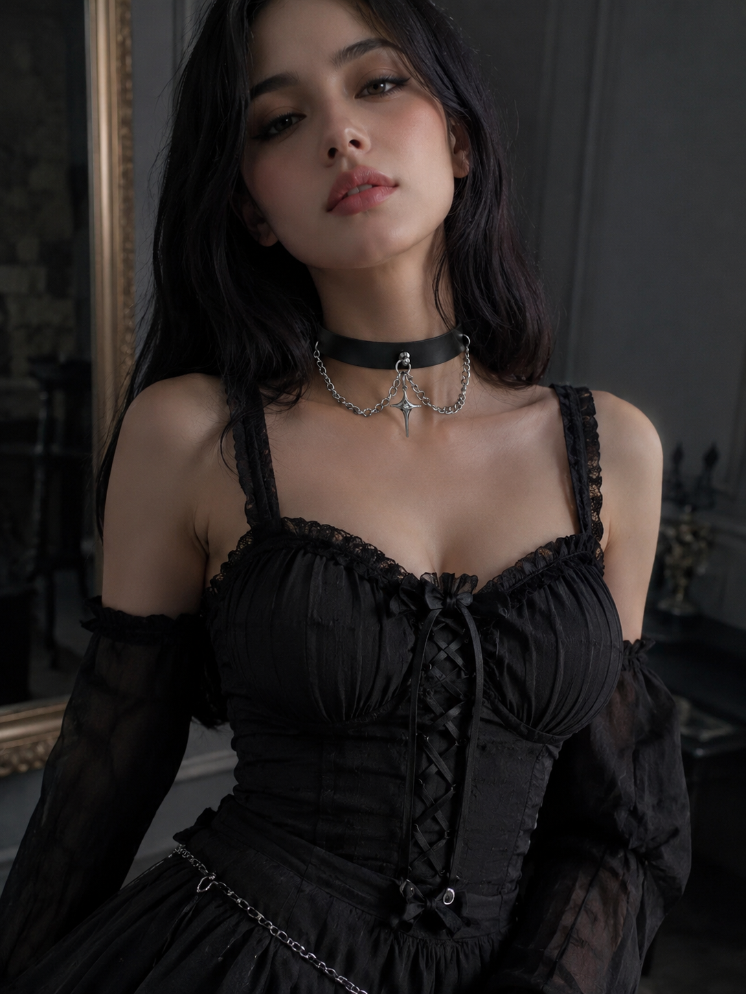 Black Heart Chain Gothic Lolita Choker | Scale And Wearing Reference | Aurora Lolita Black Heart Chain Gothic Lolita Choker - scale and wearing reference for black gothic heart chain choker Lolita outfit