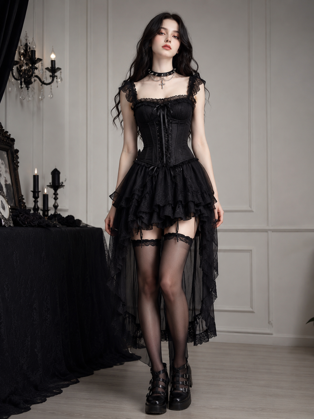 Black Cross Charm Gothic Lolita Choker - main product view for black gothic cross charm Lolita outfit