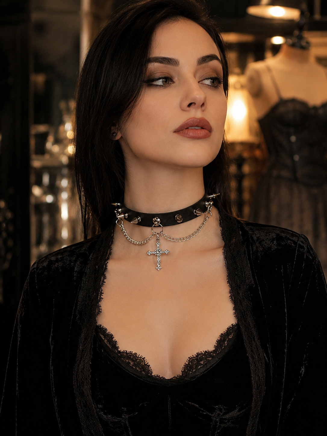 Black Cross Charm Gothic Lolita Choker | Back Or Silhouette View | Aurora Lolita Black Cross Charm Gothic Lolita Choker - back or silhouette view for black gothic cross charm Lolita outfit