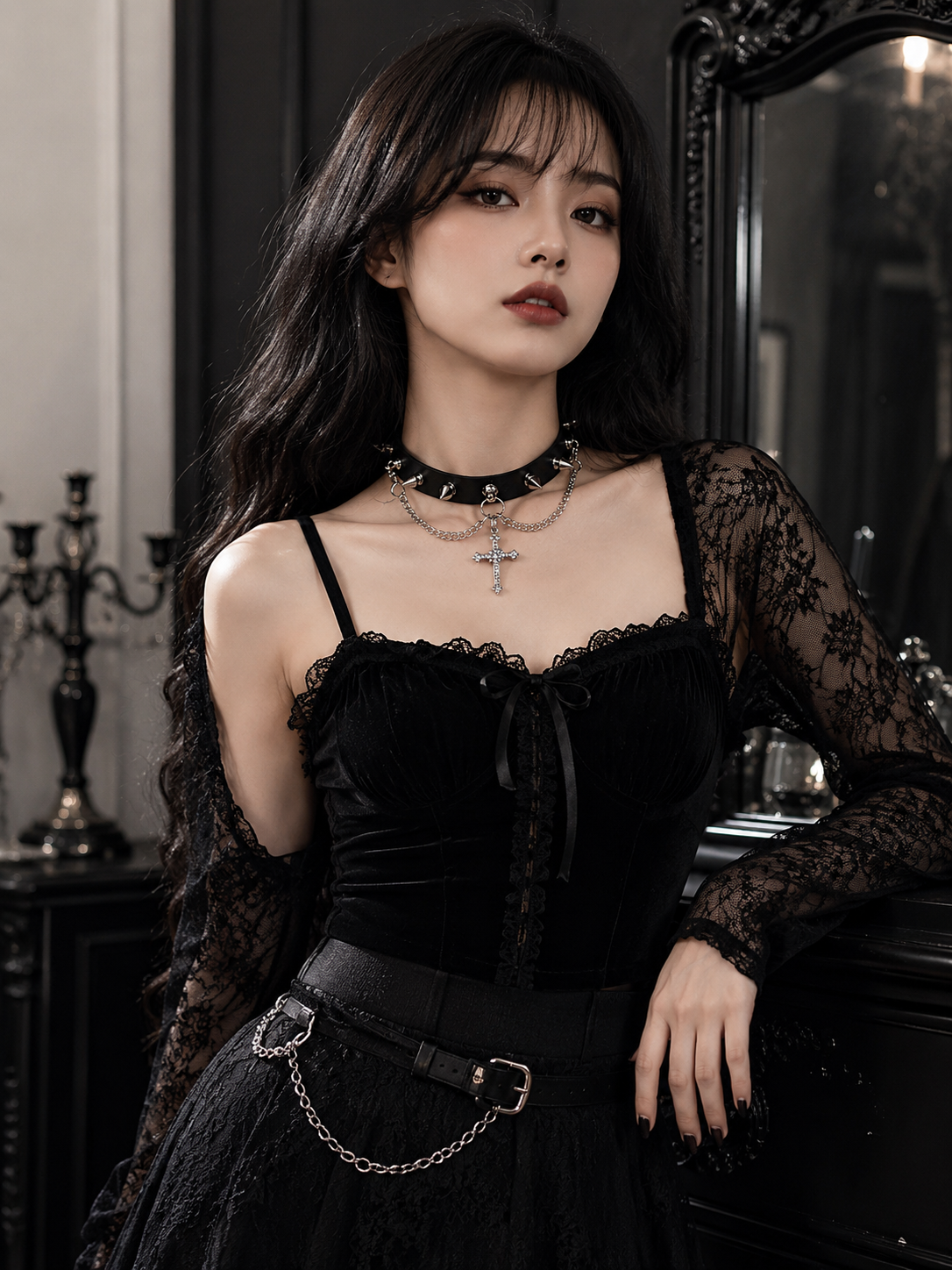 Black Cross Charm Gothic Lolita Choker | Front Detail View | Aurora Lolita Black Cross Charm Gothic Lolita Choker - front detail view for black gothic cross charm Lolita outfit