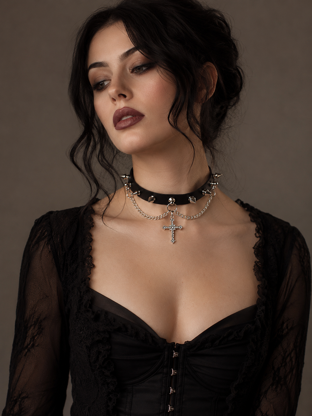 Black Cross Charm Gothic Lolita Choker | Trim And Texture Close-Up | Aurora Lolita Black Cross Charm Gothic Lolita Choker - trim and texture close-up for black gothic cross charm Lolita outfit