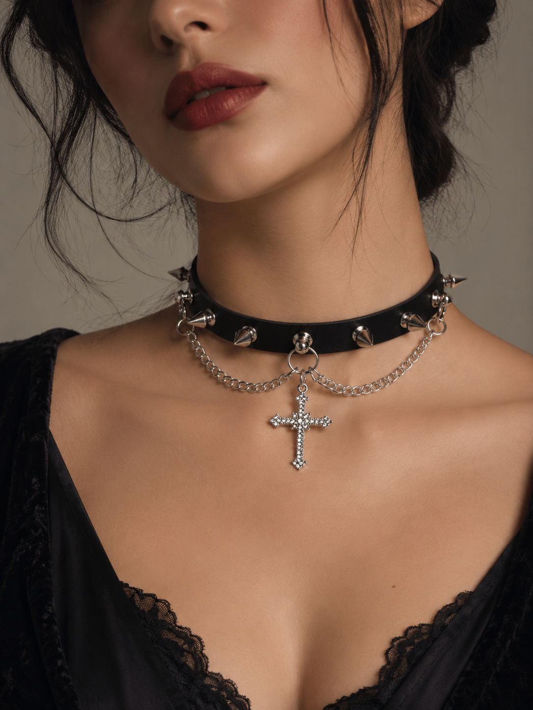Black Cross Charm Gothic Lolita Choker | Model Styling View | Aurora Lolita Black Cross Charm Gothic Lolita Choker - model styling view for black gothic cross charm Lolita outfit