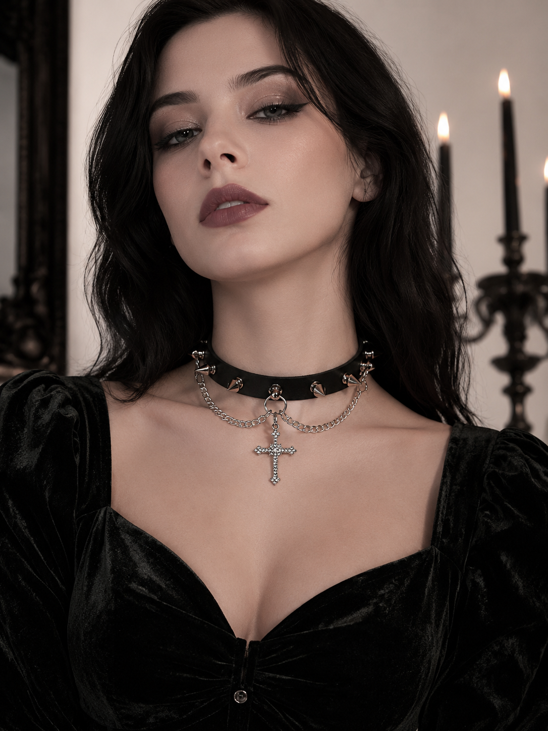 Black Cross Charm Gothic Lolita Choker | Coord Lifestyle View | Aurora Lolita Black Cross Charm Gothic Lolita Choker - coord lifestyle view for black gothic cross charm Lolita outfit