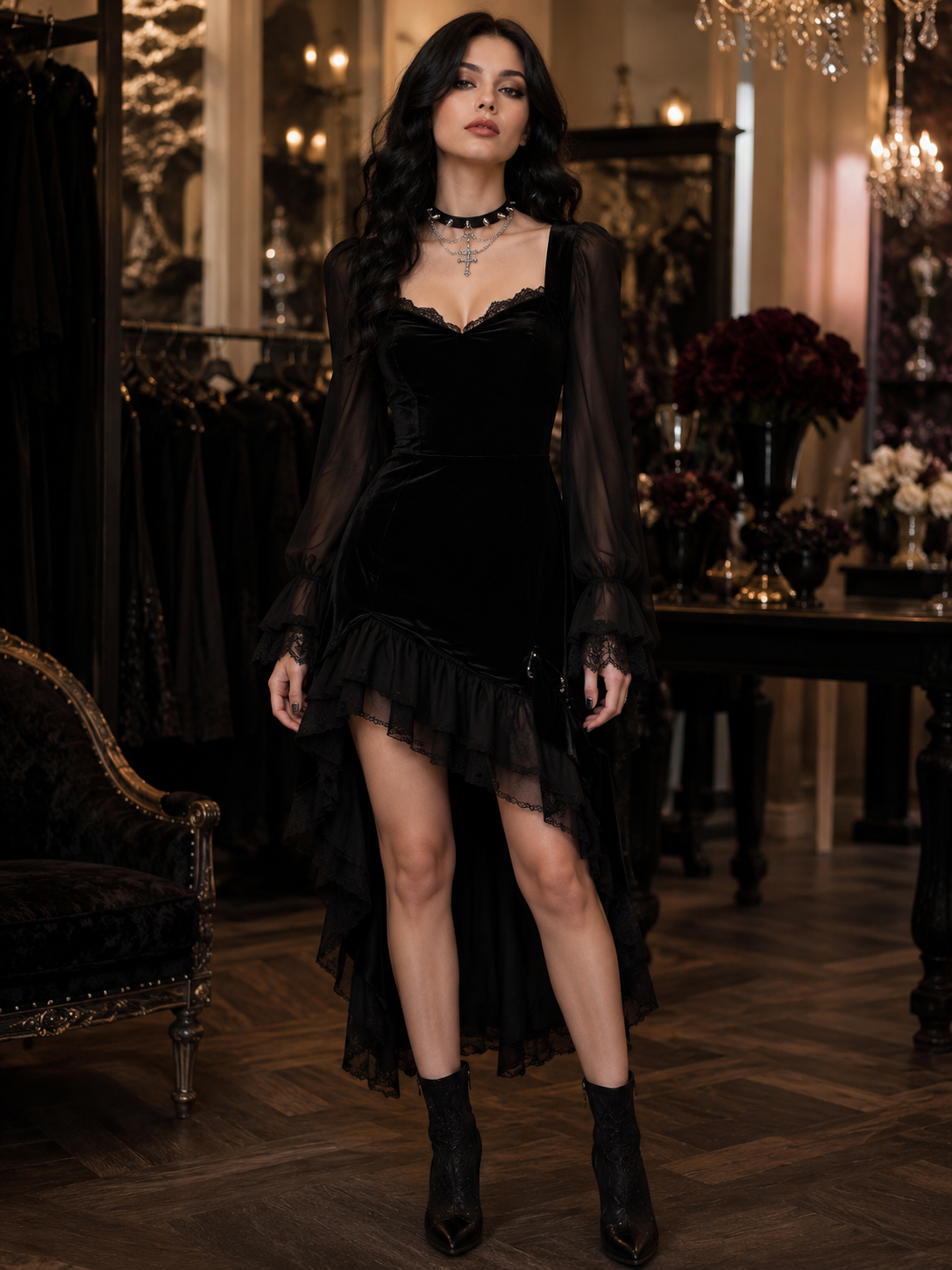 Black Cross Charm Gothic Lolita Choker | Alternate Angle | Aurora Lolita Black Cross Charm Gothic Lolita Choker - alternate angle for black gothic cross charm Lolita outfit