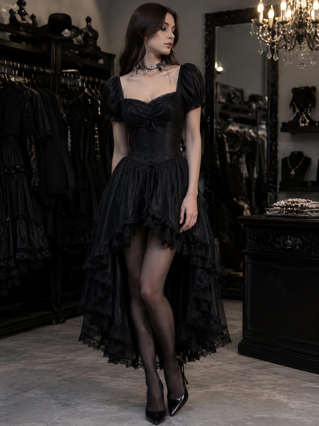 Black Lace Rose Gothic Lolita Choker | Front Detail View | Aurora Lolita Black Lace Rose Gothic Lolita Choker - front detail view for black lace rose gothic choker Lolita outfit