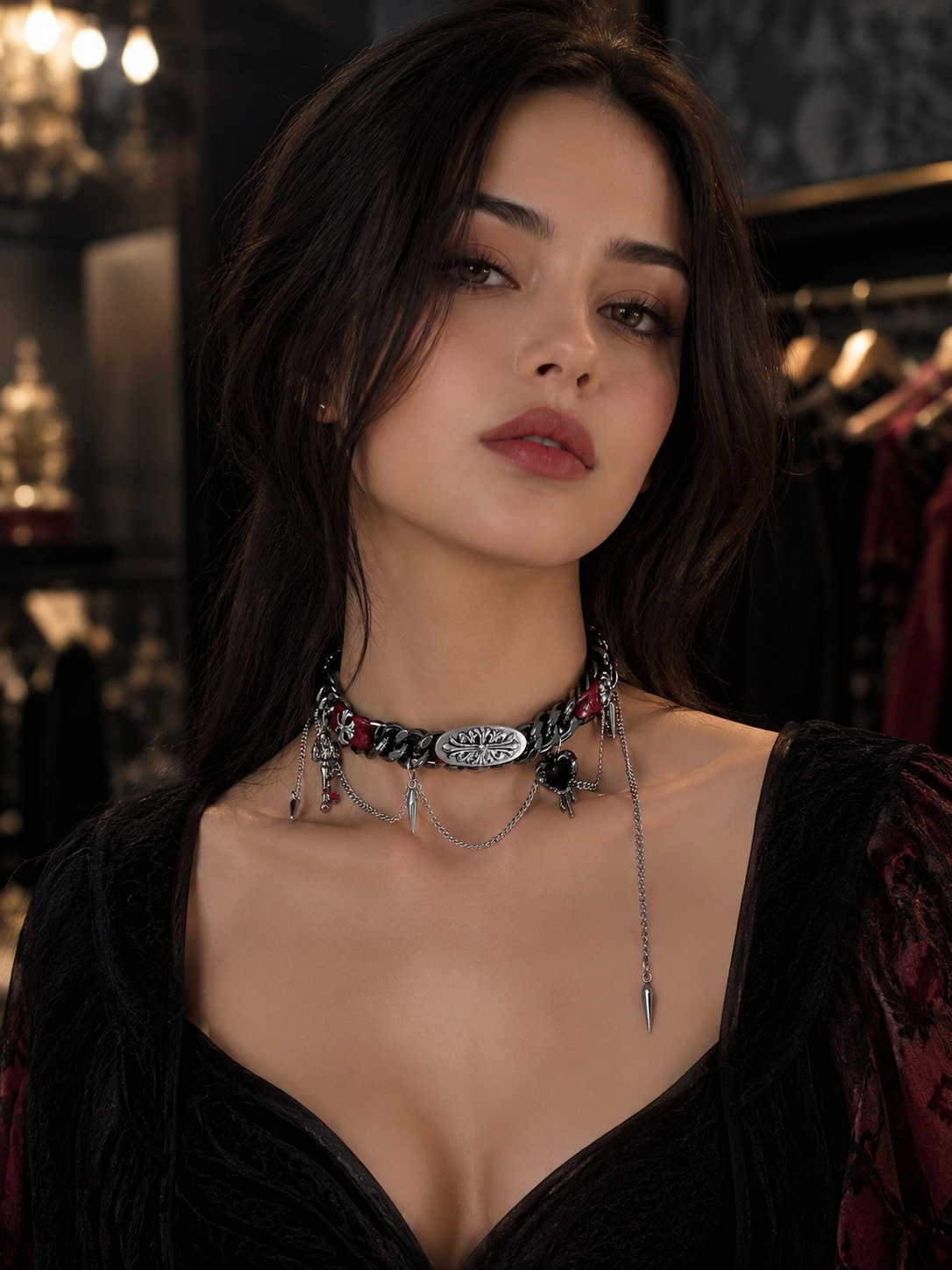 Black Lace Rose Gothic Lolita Choker | Coord Lifestyle View | Aurora Lolita Black Lace Rose Gothic Lolita Choker - coord lifestyle view for black lace rose gothic choker Lolita outfit
