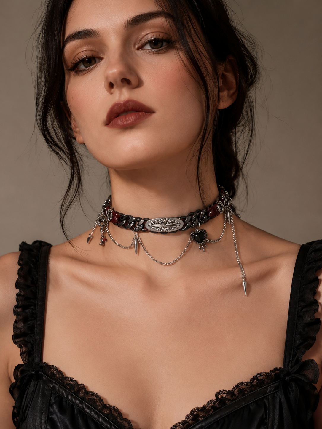 Black Lace Rose Gothic Lolita Choker | Alternate Angle | Aurora Lolita Black Lace Rose Gothic Lolita Choker - alternate angle for black lace rose gothic choker Lolita outfit