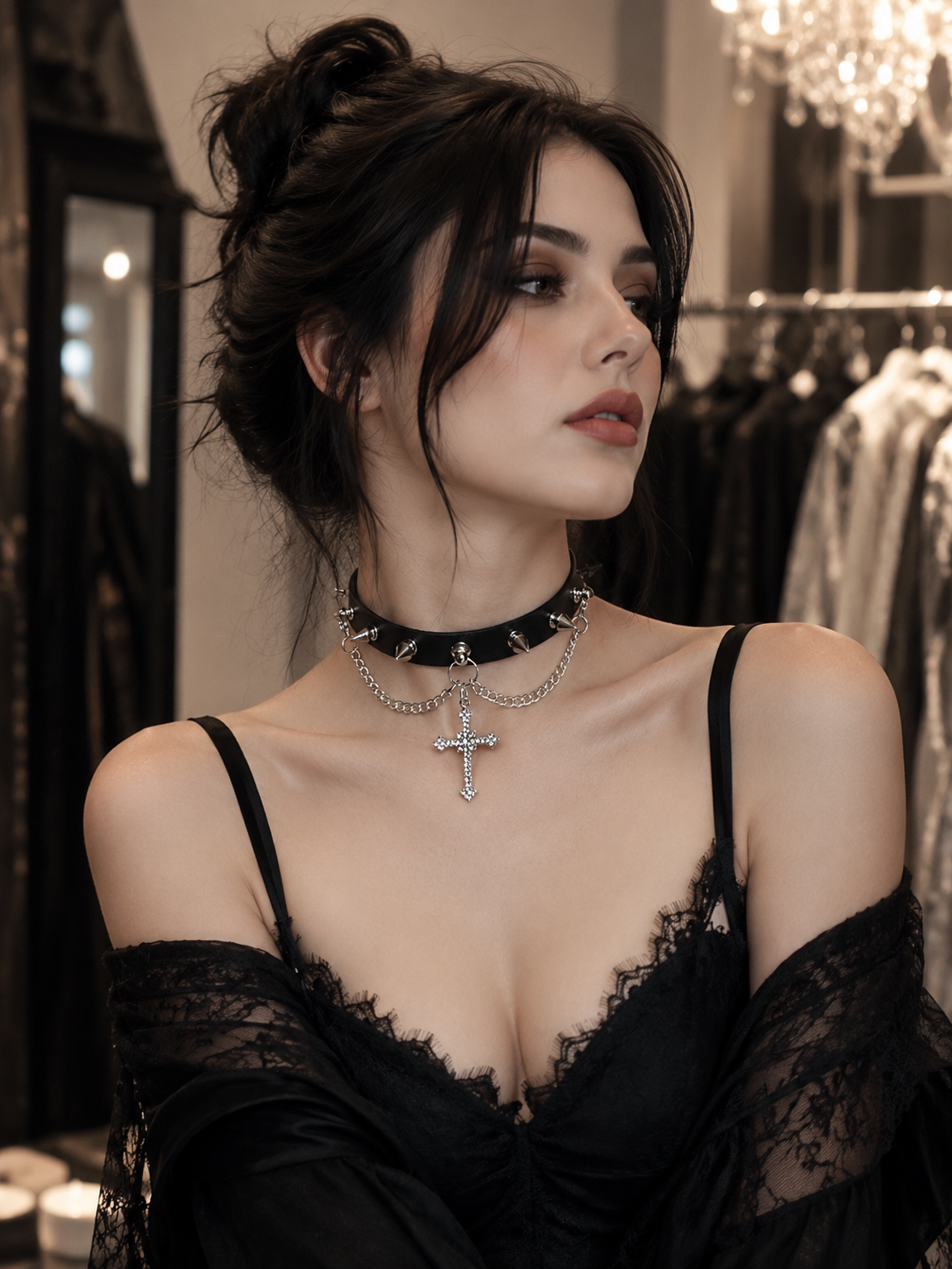 Black Velvet Bow Gothic Lolita Choker | Front Detail View | Aurora Lolita Black Velvet Bow Gothic Lolita Choker - front detail view for black velvet bow choker Lolita outfit