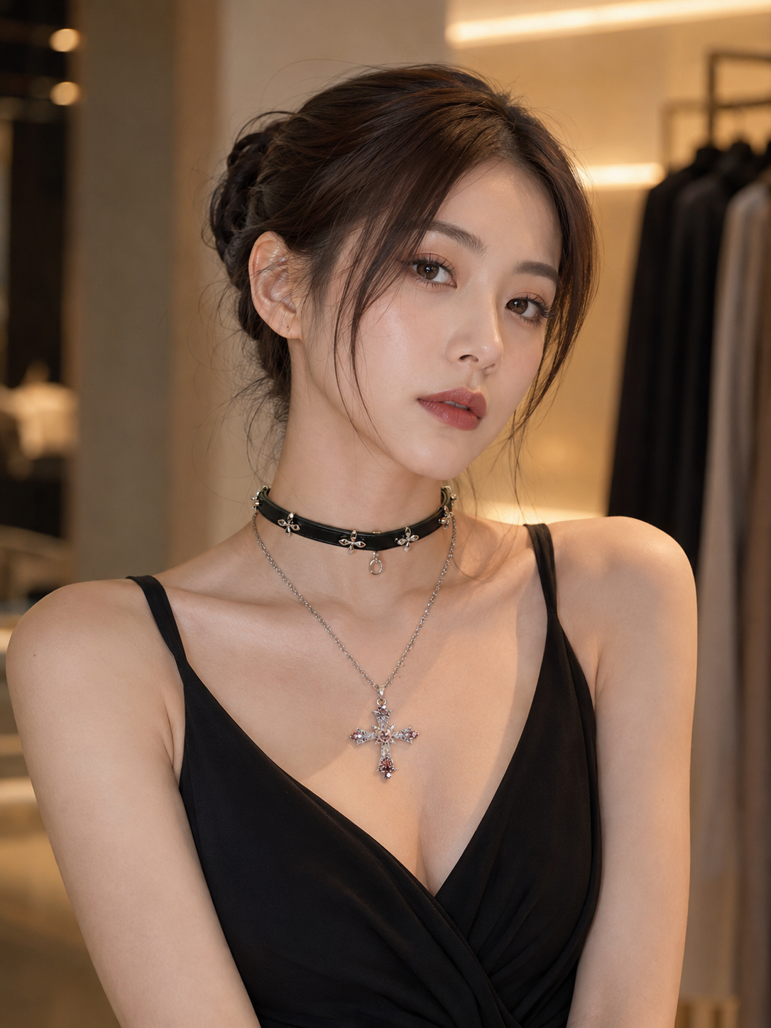 Black Minimal Gothic Lolita Collar Choker | Side Or Worn Angle | Aurora Lolita Black Minimal Gothic Lolita Collar Choker - side or worn angle for black minimal gothic collar Lolita outfit