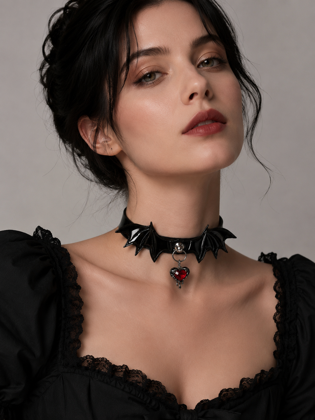 Black Flower Gothic Lolita Choker - front detail view for black flower gothic choker Lolita outfit
