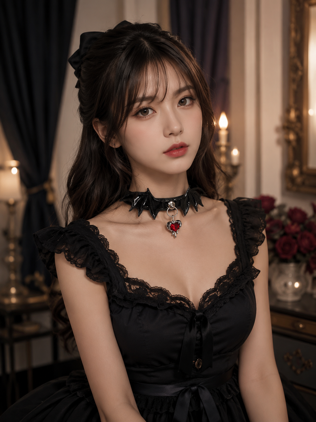 Black Flower Gothic Lolita Choker | Side Or Worn Angle | Aurora Lolita Black Flower Gothic Lolita Choker - side or worn angle for black flower gothic choker Lolita outfit