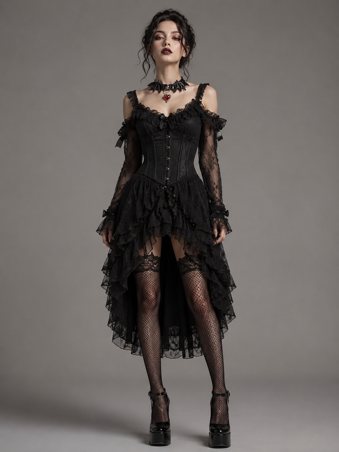 Black Flower Gothic Lolita Choker | Coord Lifestyle View | Aurora Lolita Black Flower Gothic Lolita Choker - coord lifestyle view for black flower gothic choker Lolita outfit