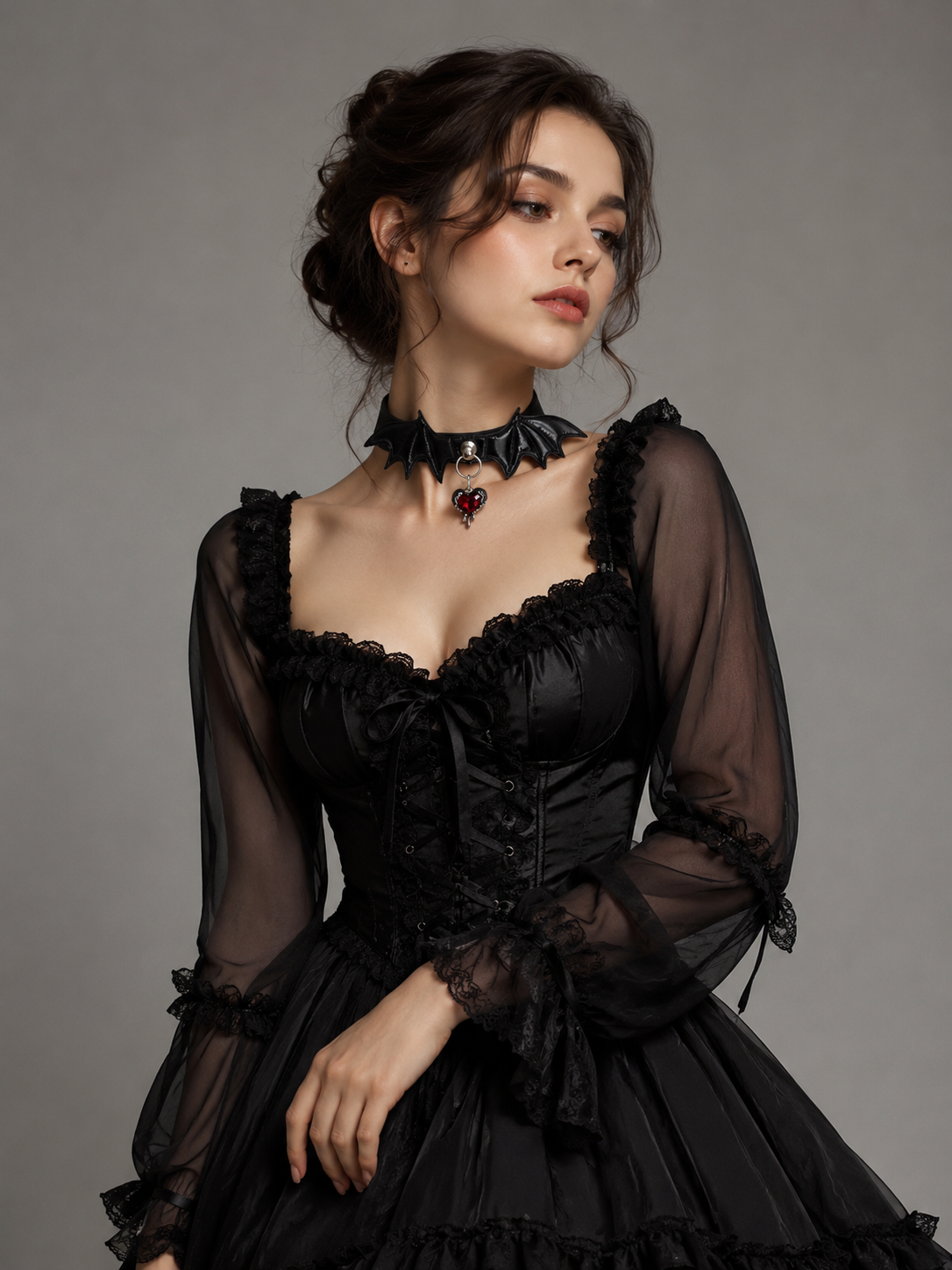 Black Flower Gothic Lolita Choker | Alternate Angle | Aurora Lolita Black Flower Gothic Lolita Choker - alternate angle for black flower gothic choker Lolita outfit