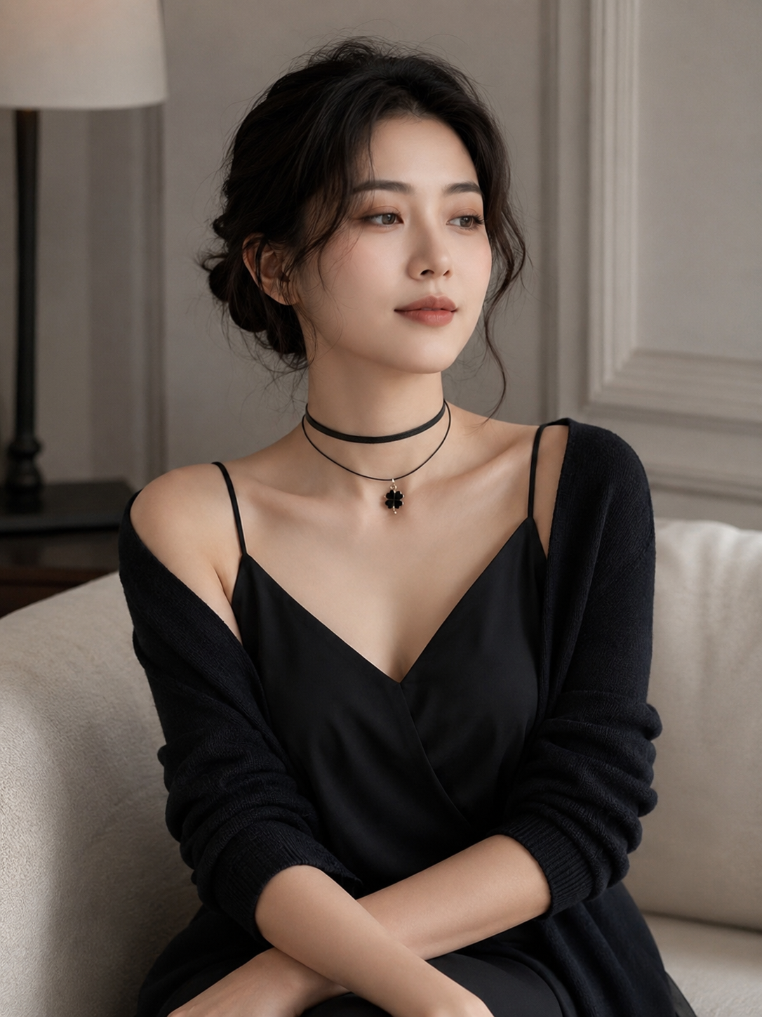 Black Cord Pendant Classic Lolita Choker - model styling view for black cord pendant classic choker Lolita outfit