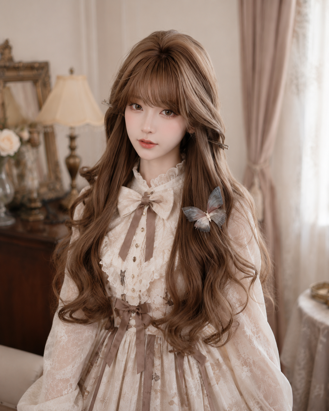 Parrucca Lolita lunga e ondulata castano cenere con riga laterale - Castano cenere - vista su modello con styling 01 Parrucca Lolita lunga e ondulata castano cenere con riga laterale in Castano cenere, vista su modello con styling 01