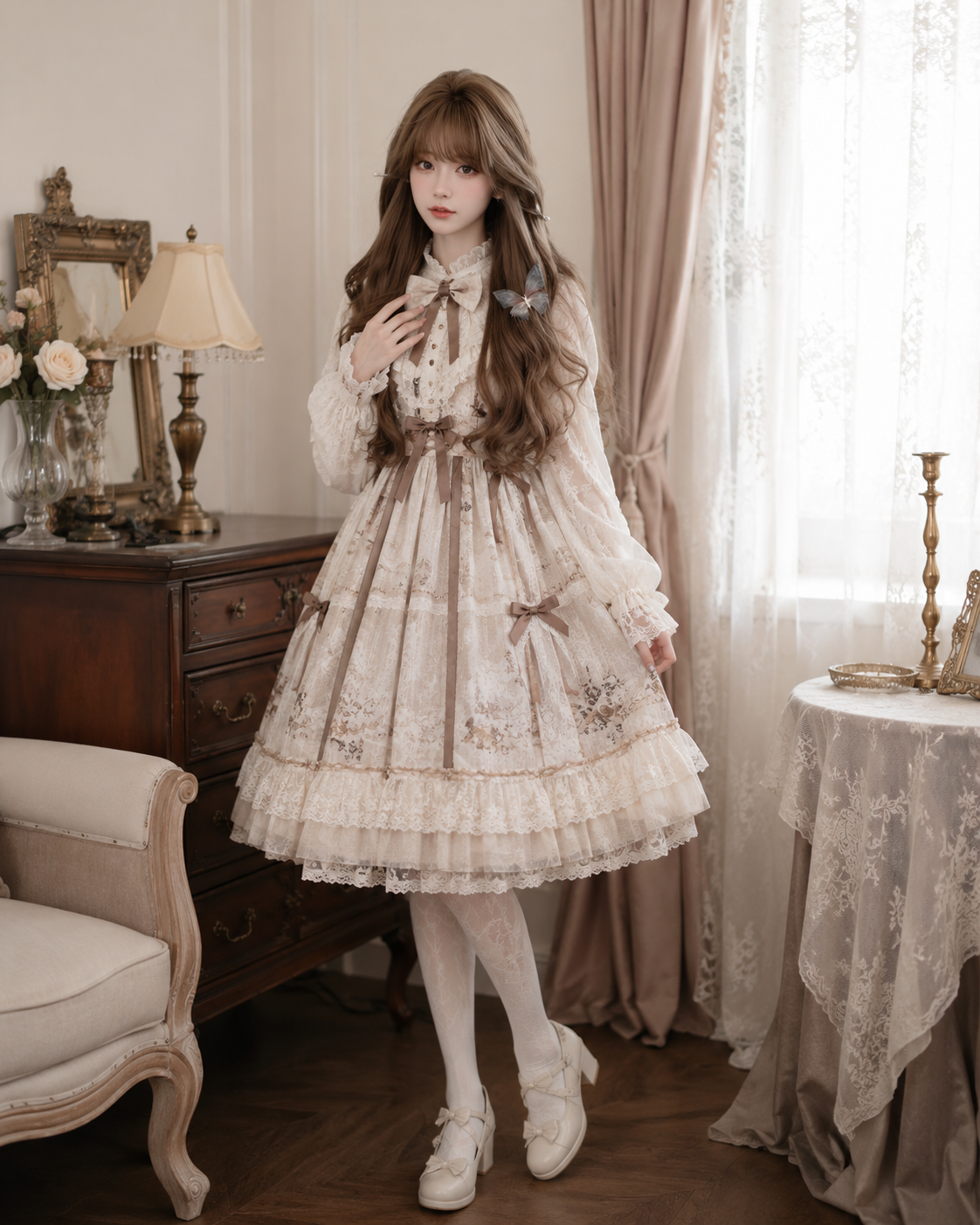 Parrucca Lolita lunga e ondulata castano cenere con riga laterale - Castano cenere - vista su modello con styling 03 Parrucca Lolita lunga e ondulata castano cenere con riga laterale in Castano cenere, vista su modello con styling 03