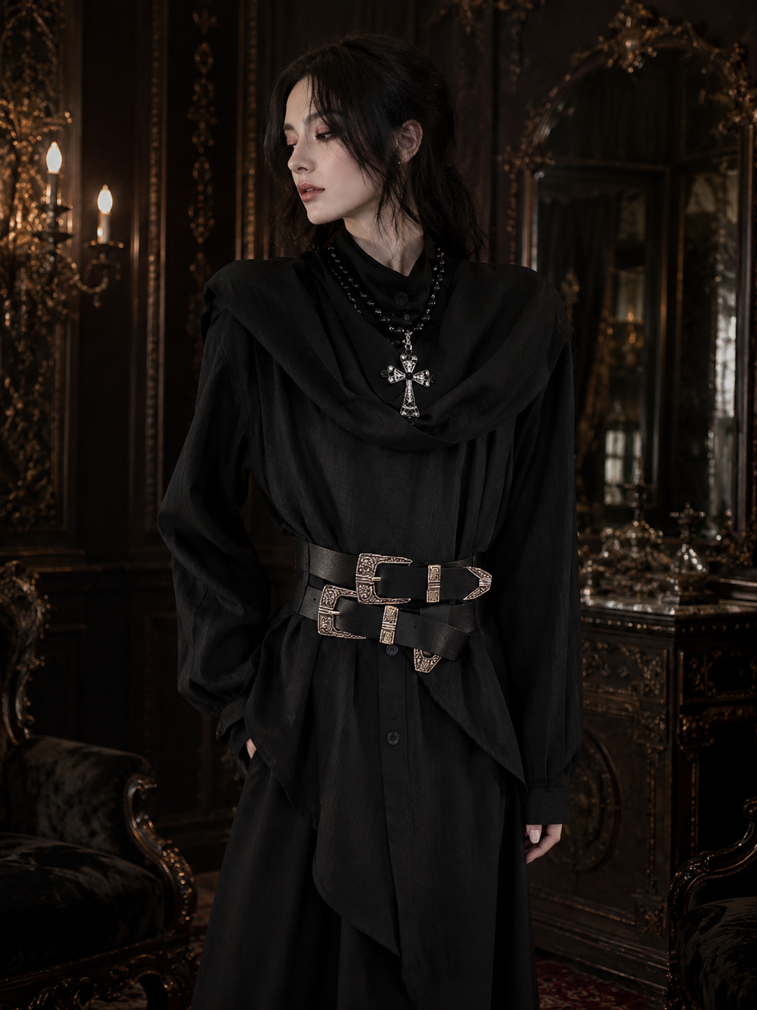 Asymmetric Scarf-Collar Ouji Shirt - Black Styled Model View 02 Asymmetric Scarf-Collar Ouji Shirt in Black, styled model view 02