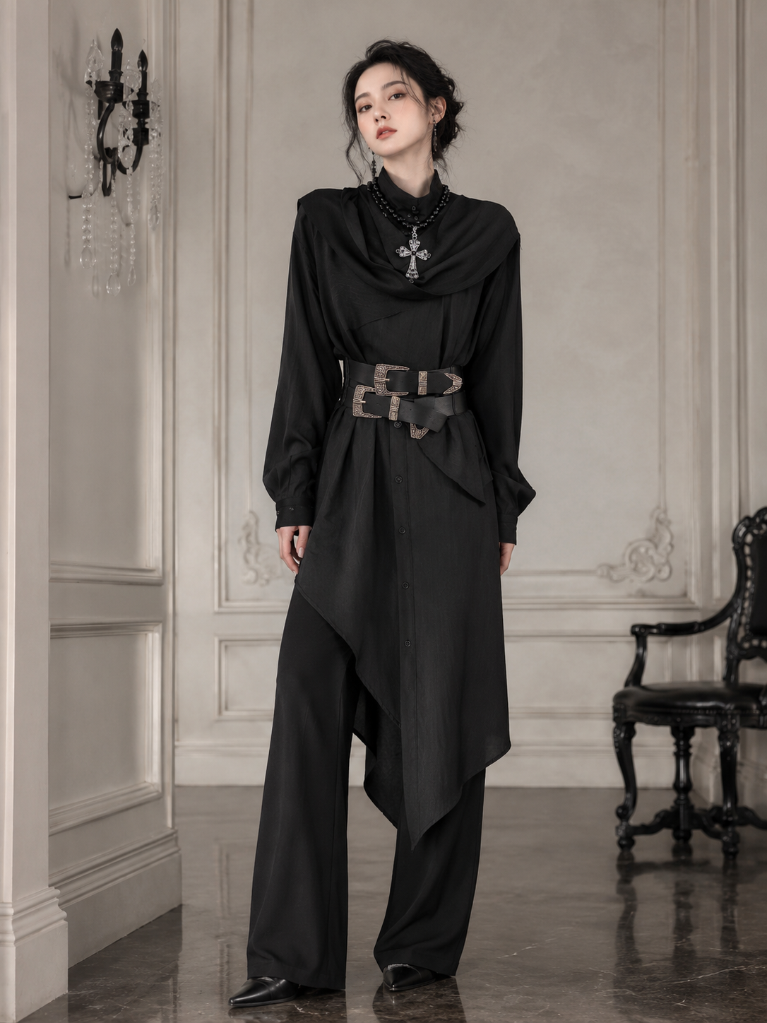 Asymmetric Scarf-Collar Ouji Shirt - Black Styled Model View 03 Asymmetric Scarf-Collar Ouji Shirt in Black, styled model view 03