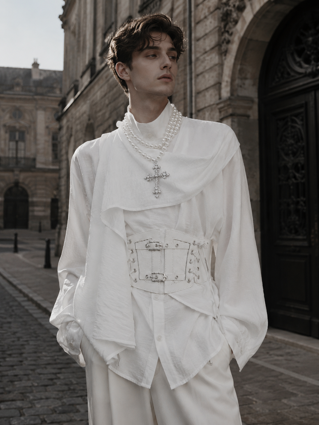 Asymmetric Scarf-Collar Ouji Shirt in White, main product styling view 01