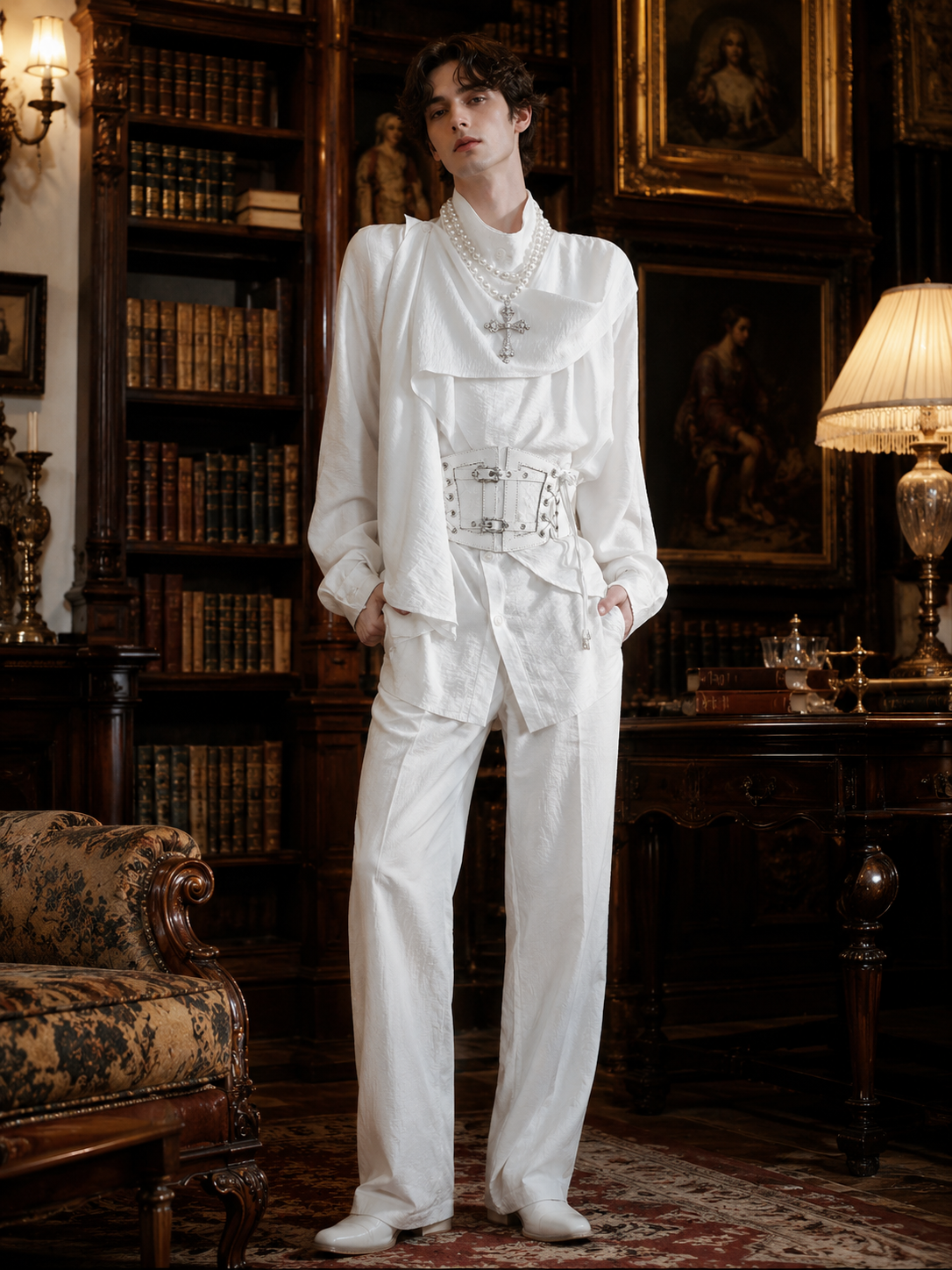 Asymmetric Scarf-Collar Ouji Shirt - White Styled Model View 01 Asymmetric Scarf-Collar Ouji Shirt in White, styled model view 01
